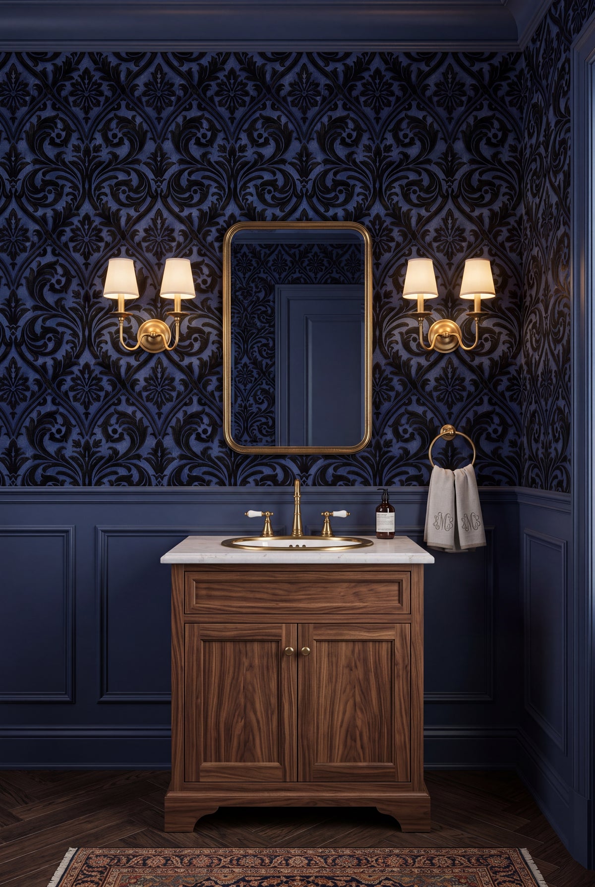 Indigo Silhouette wallpaper shown in a powder room