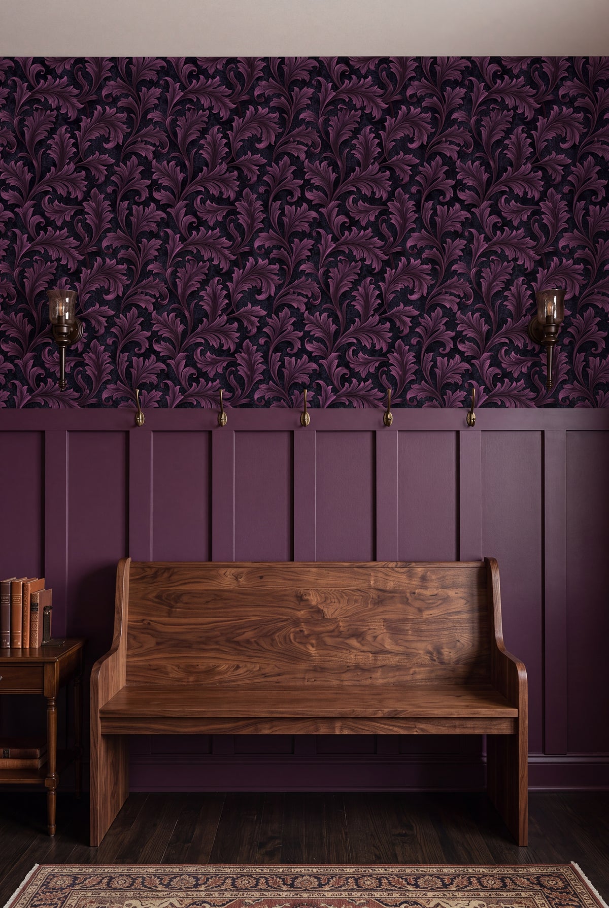 Plum Frond wallpaper shown in a mudroom