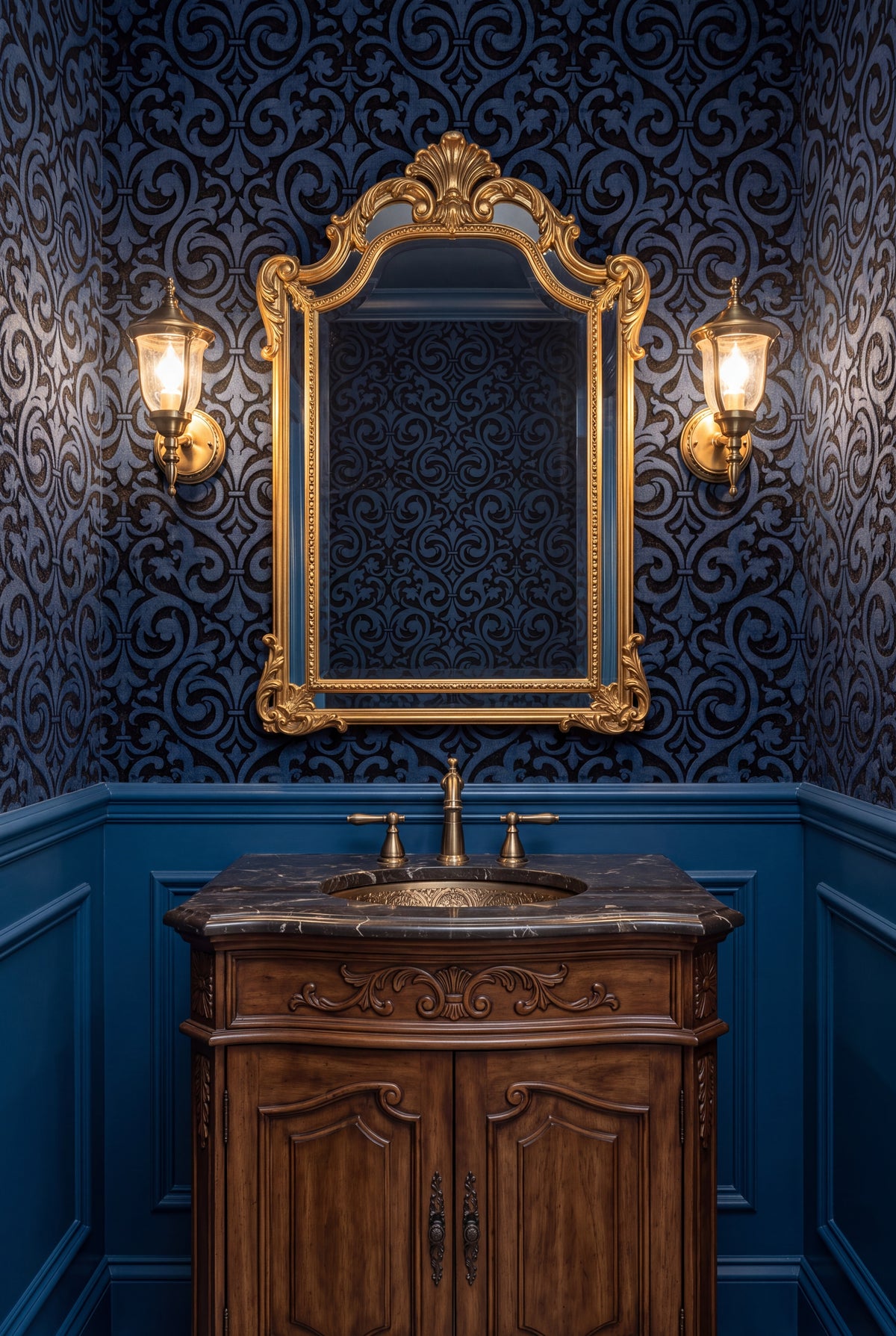 Regent Fleur wallpaper shown in a powder room