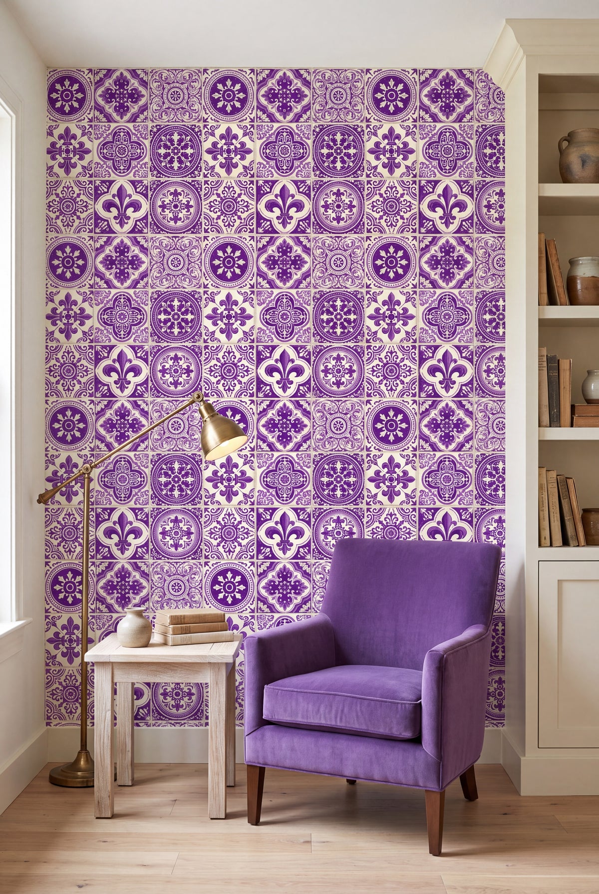 Lisbon Violet wallpaper shown in a reading nook