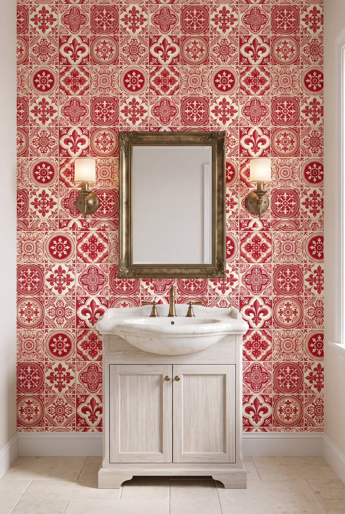 Lisbon Crimson wallpaper shown in a powder room