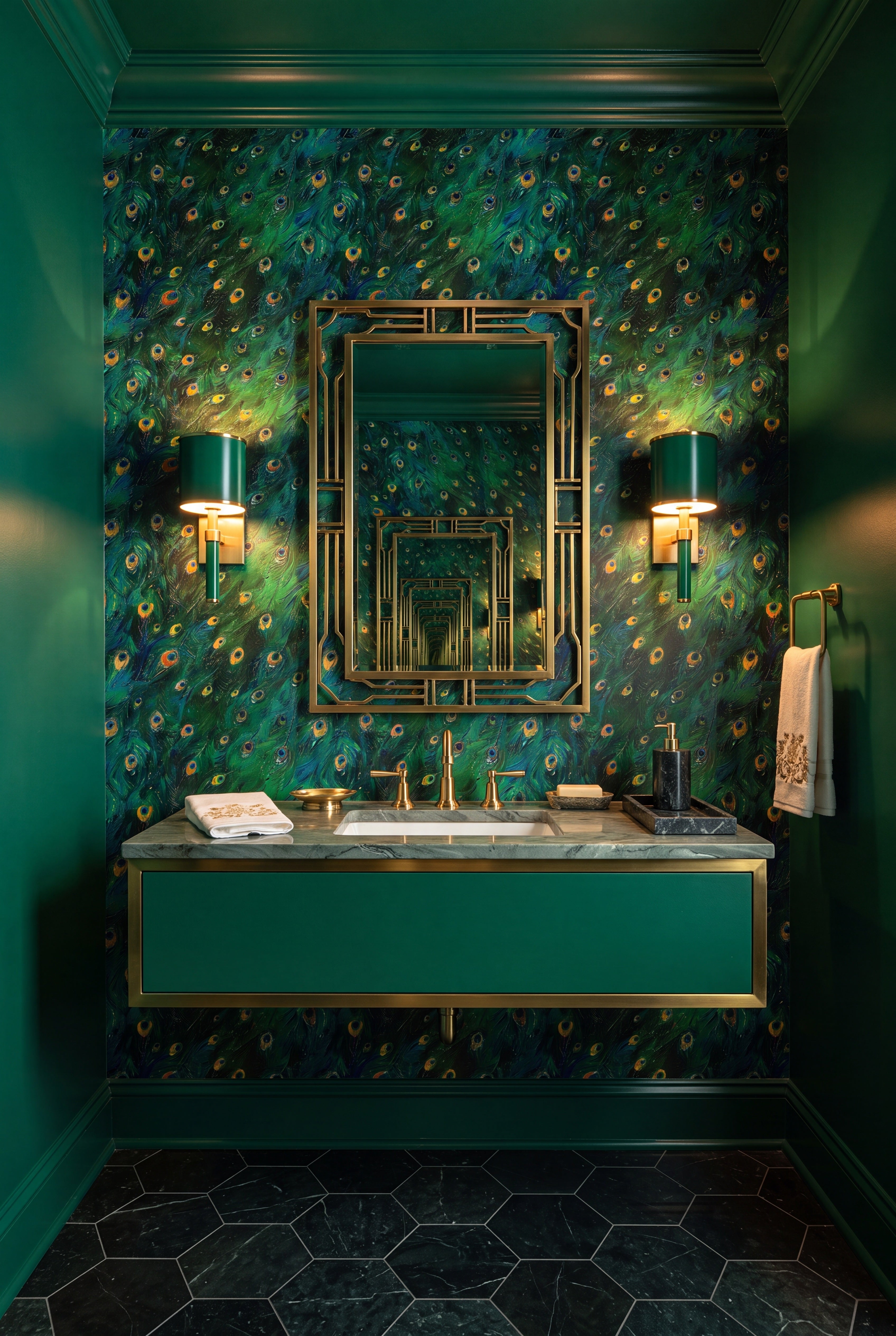 Peacock Parade wallpaper shown in a powder room