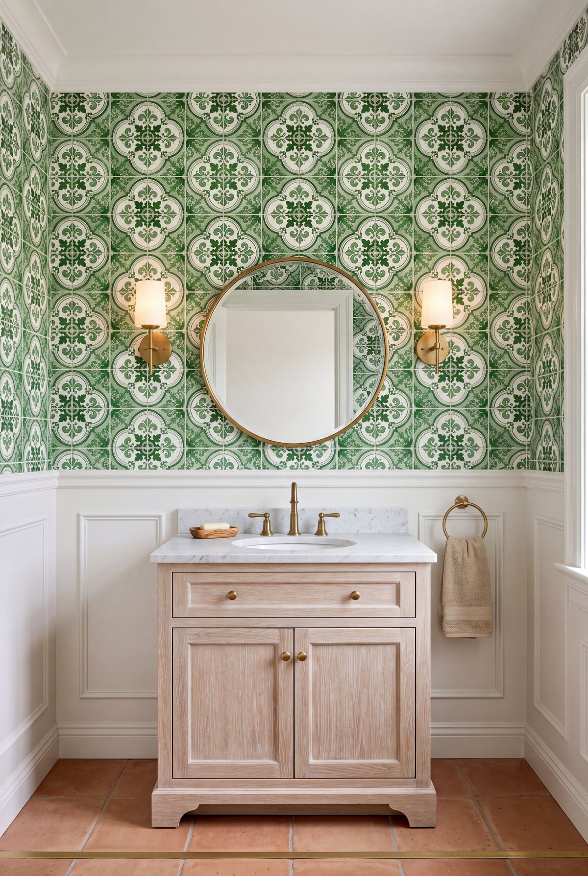 Sintra Green wallpaper shown in a powder room