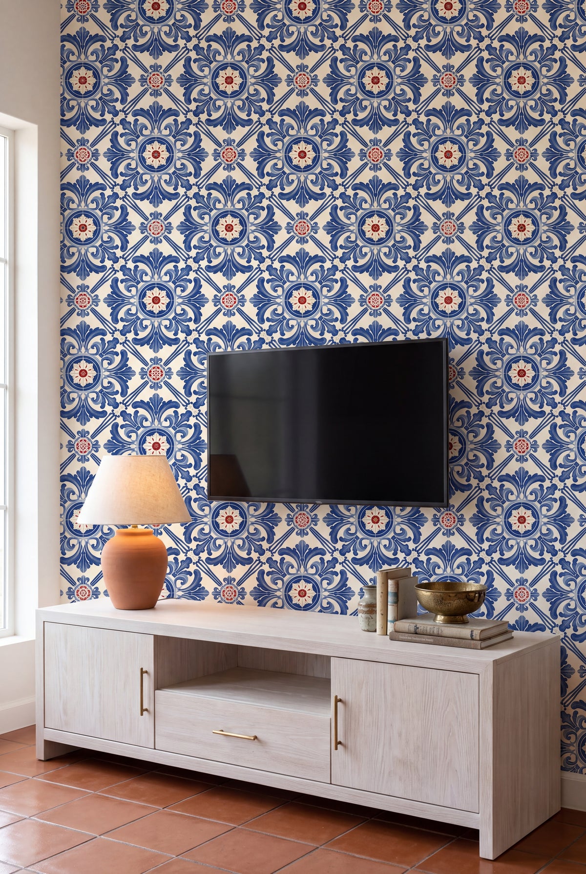 Coimbra Blue wallpaper shown in a media room