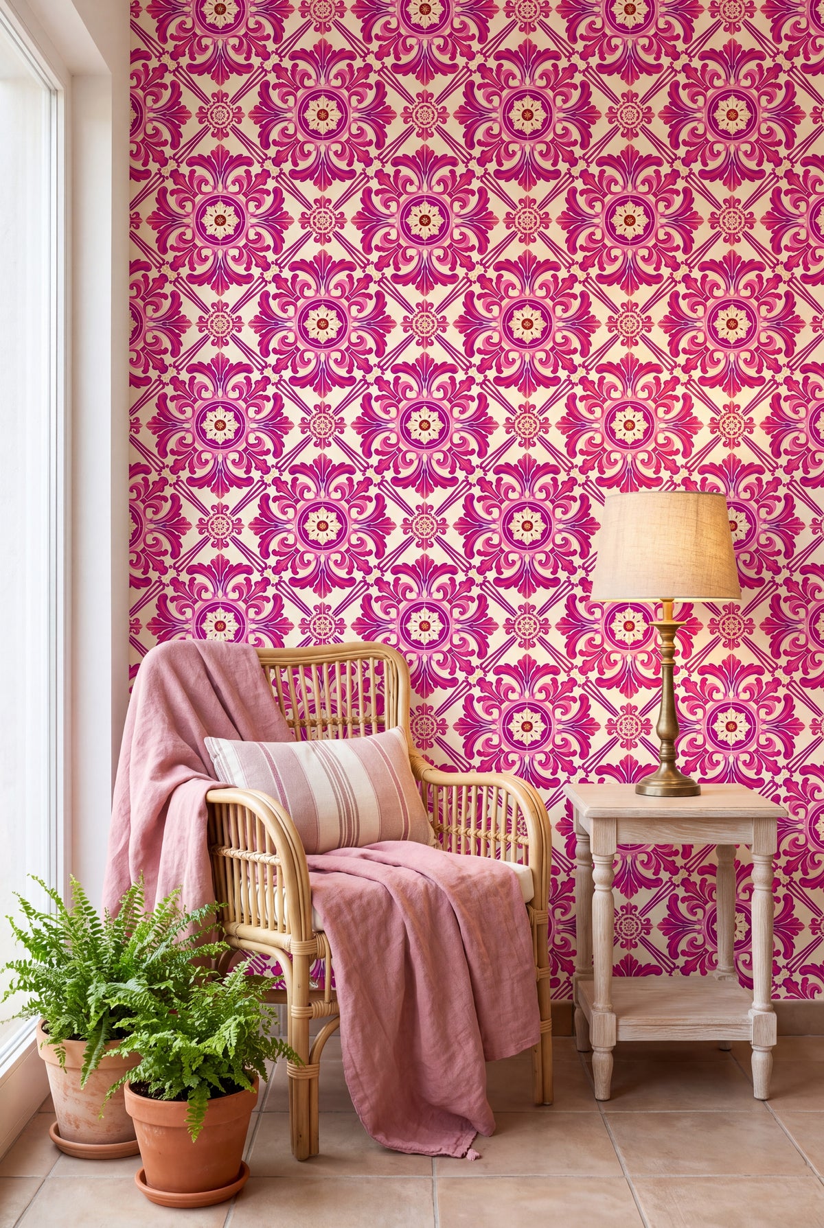 Coimbra Rose wallpaper shown in a sunroom