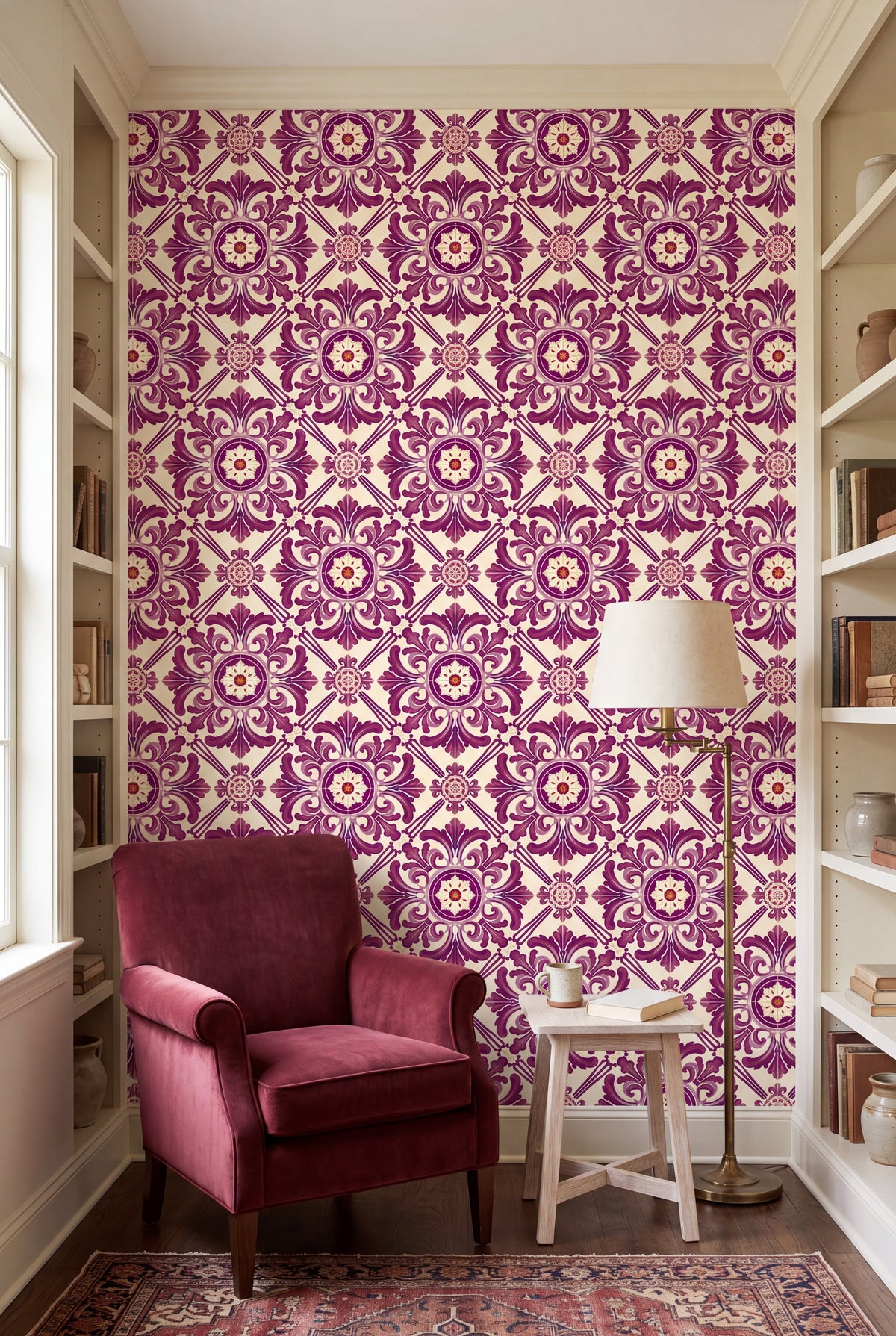 Coimbra Wine wallpaper shown in a reading nook