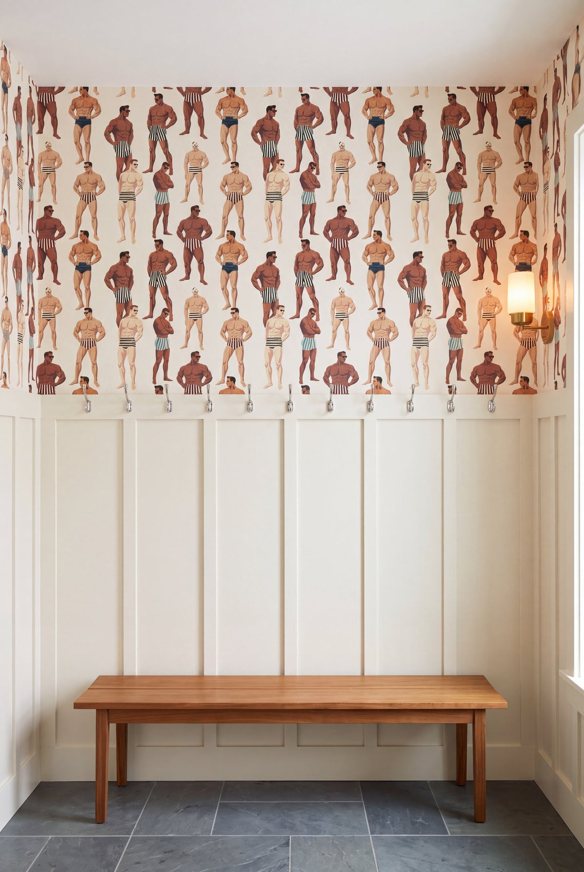 Riviera Club wallpaper shown in a mudroom