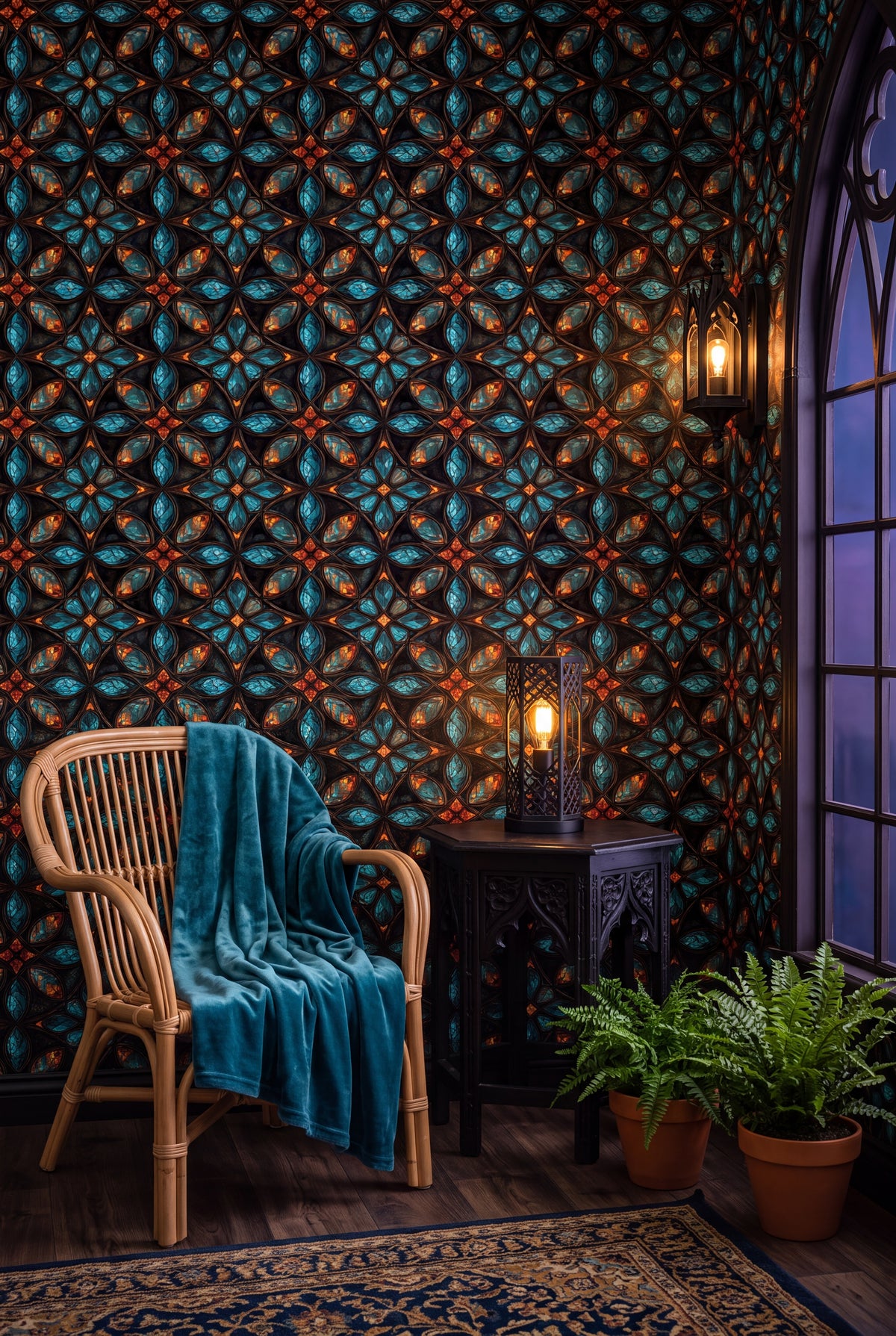 Teal Quatrefoil wallpaper shown in a sunroom