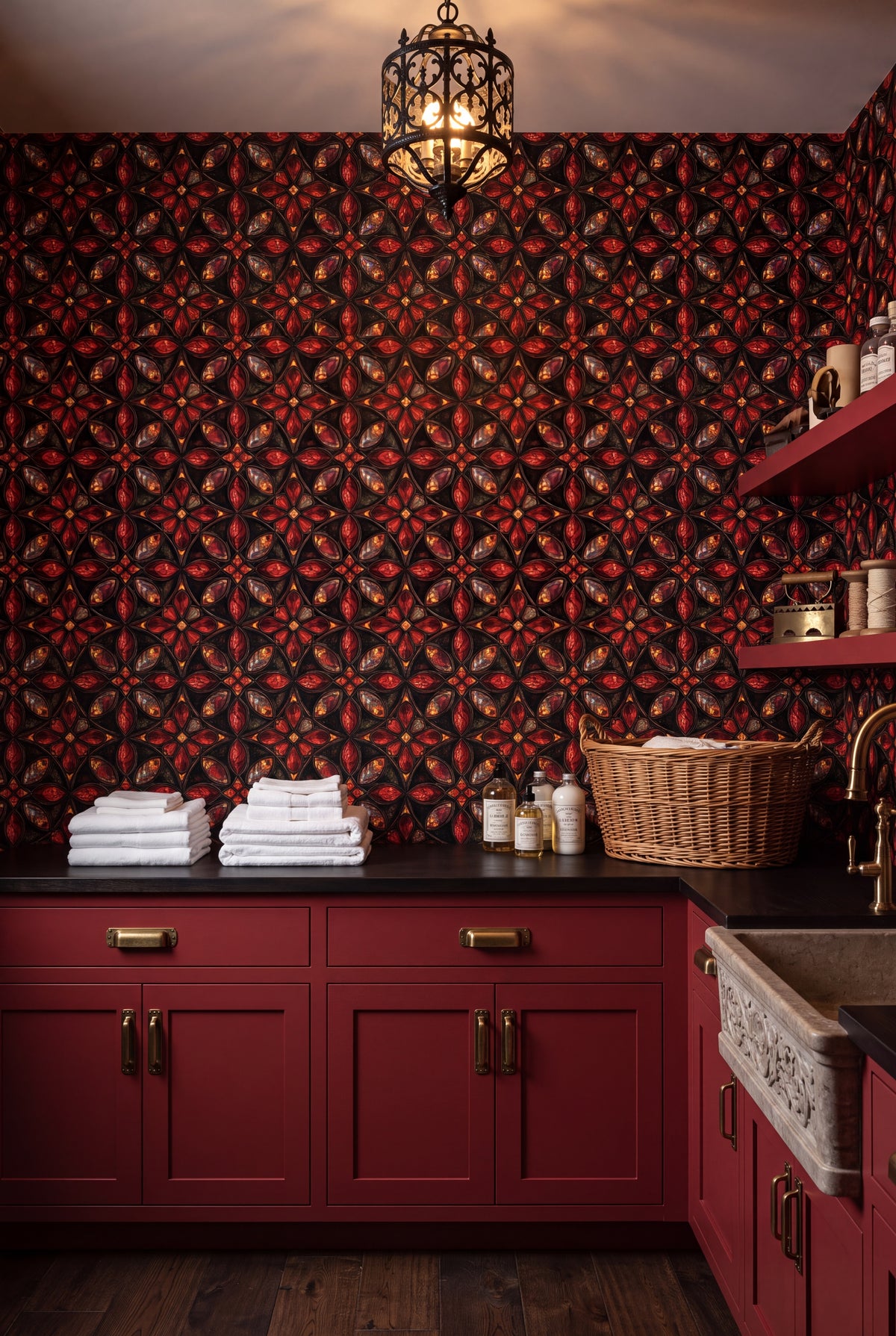 Crimson Quatrefoil wallpaper shown in a laundry room