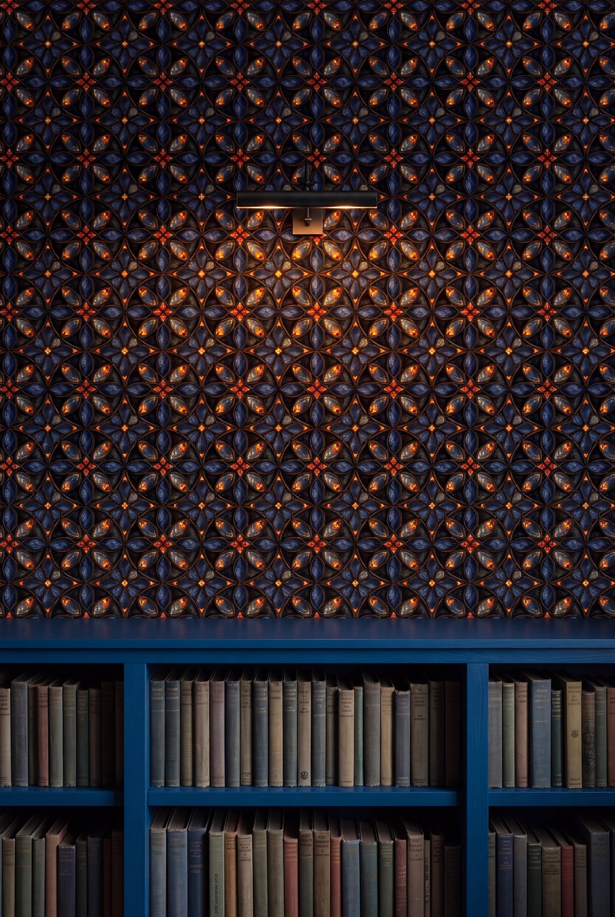 Sapphire Quatrefoil wallpaper shown in a library