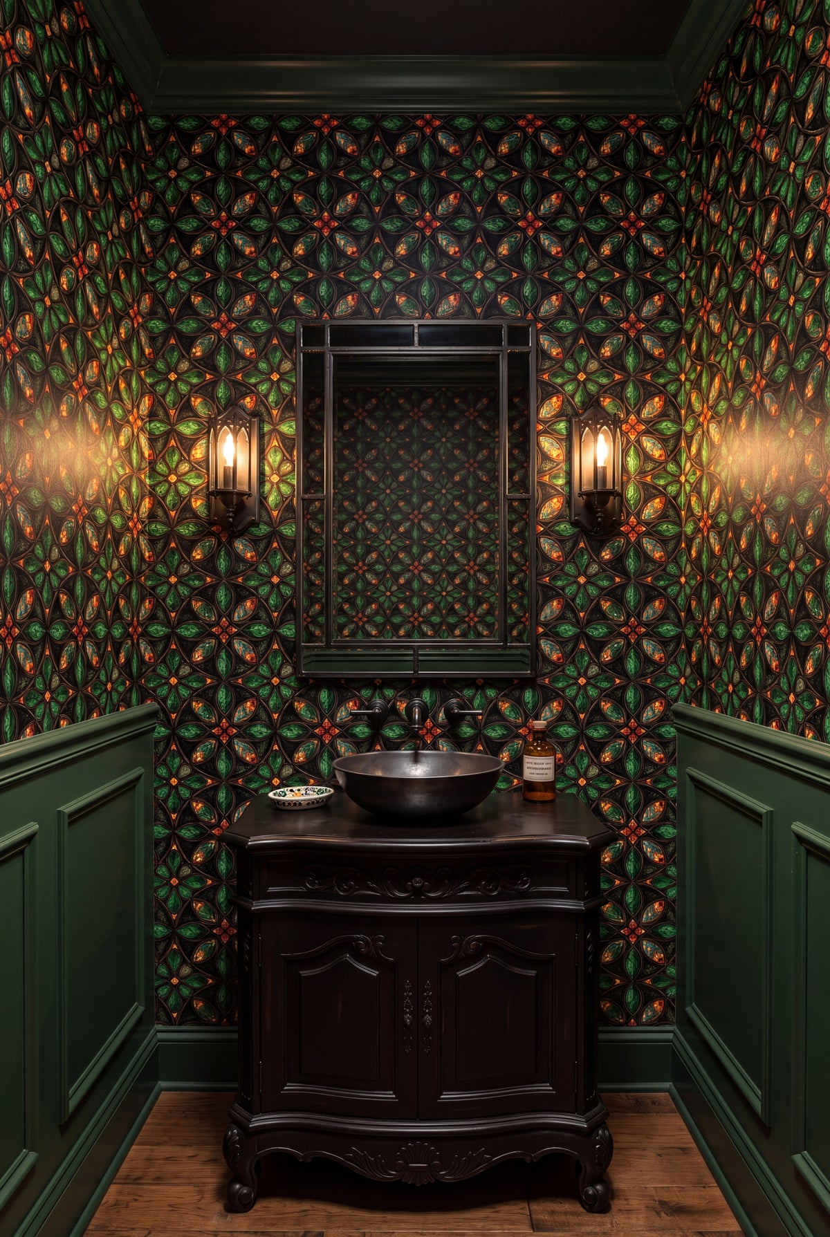 Forest Quatrefoil wallpaper shown in a powder room