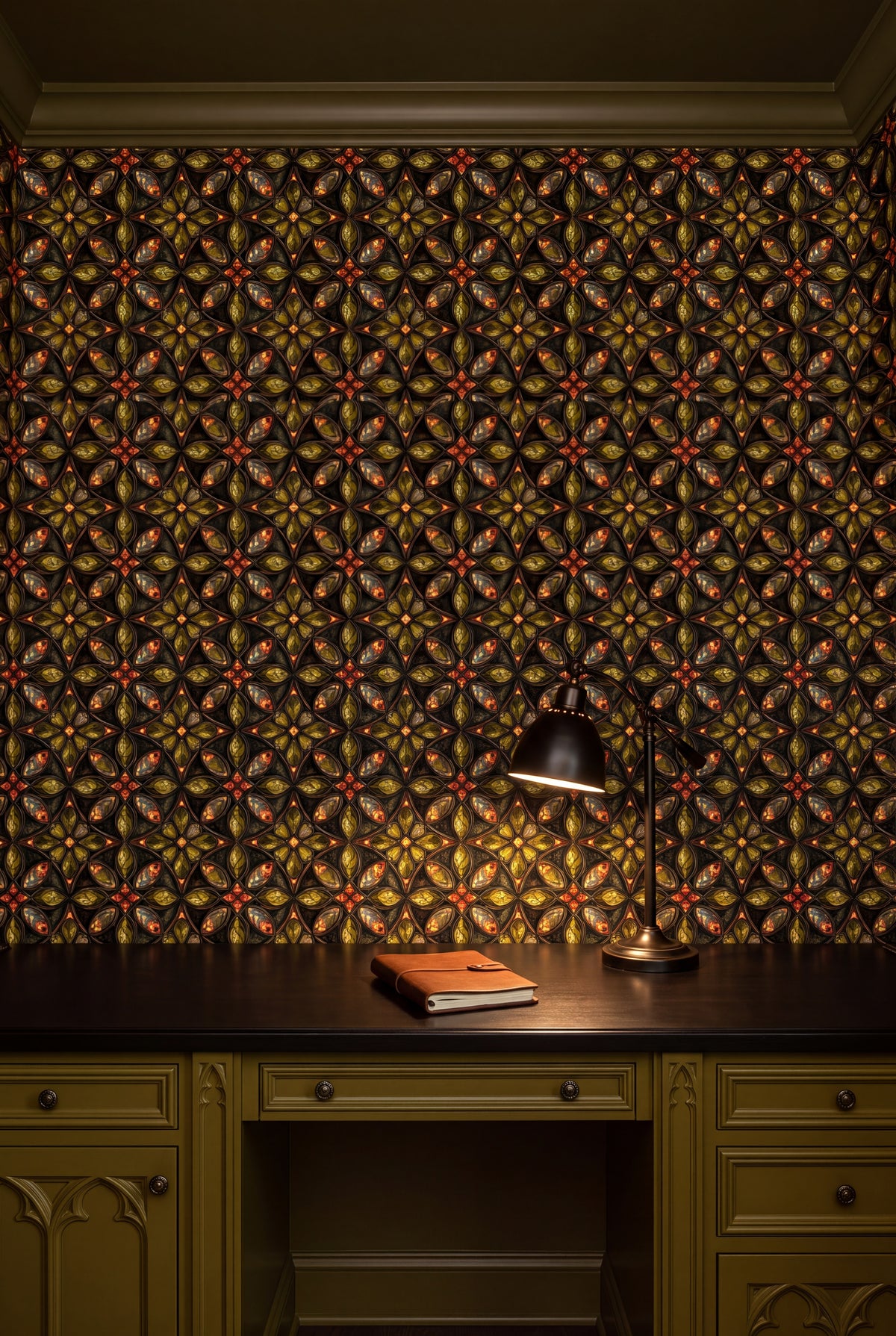 Topaz Quatrefoil wallpaper shown in a home office