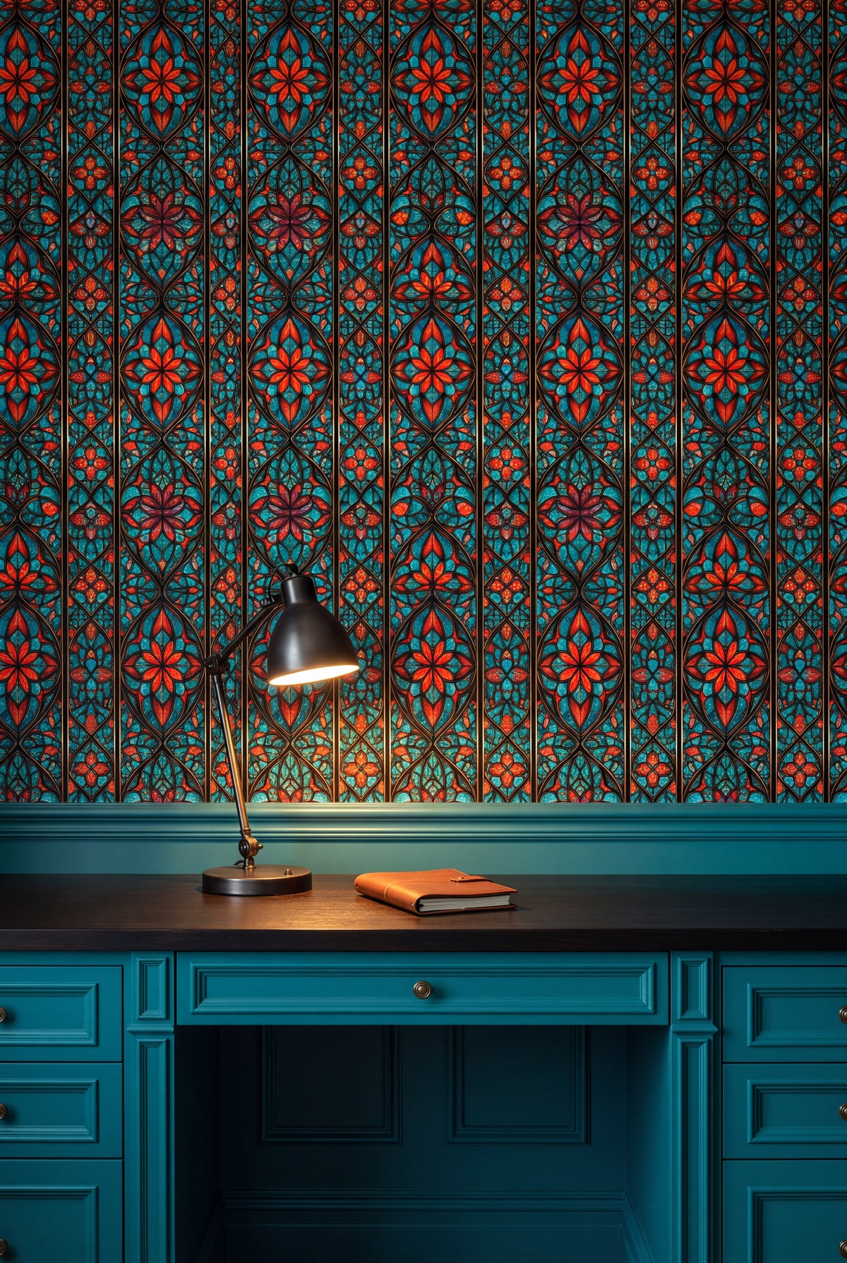 Cathedral Aqua wallpaper shown in a home office