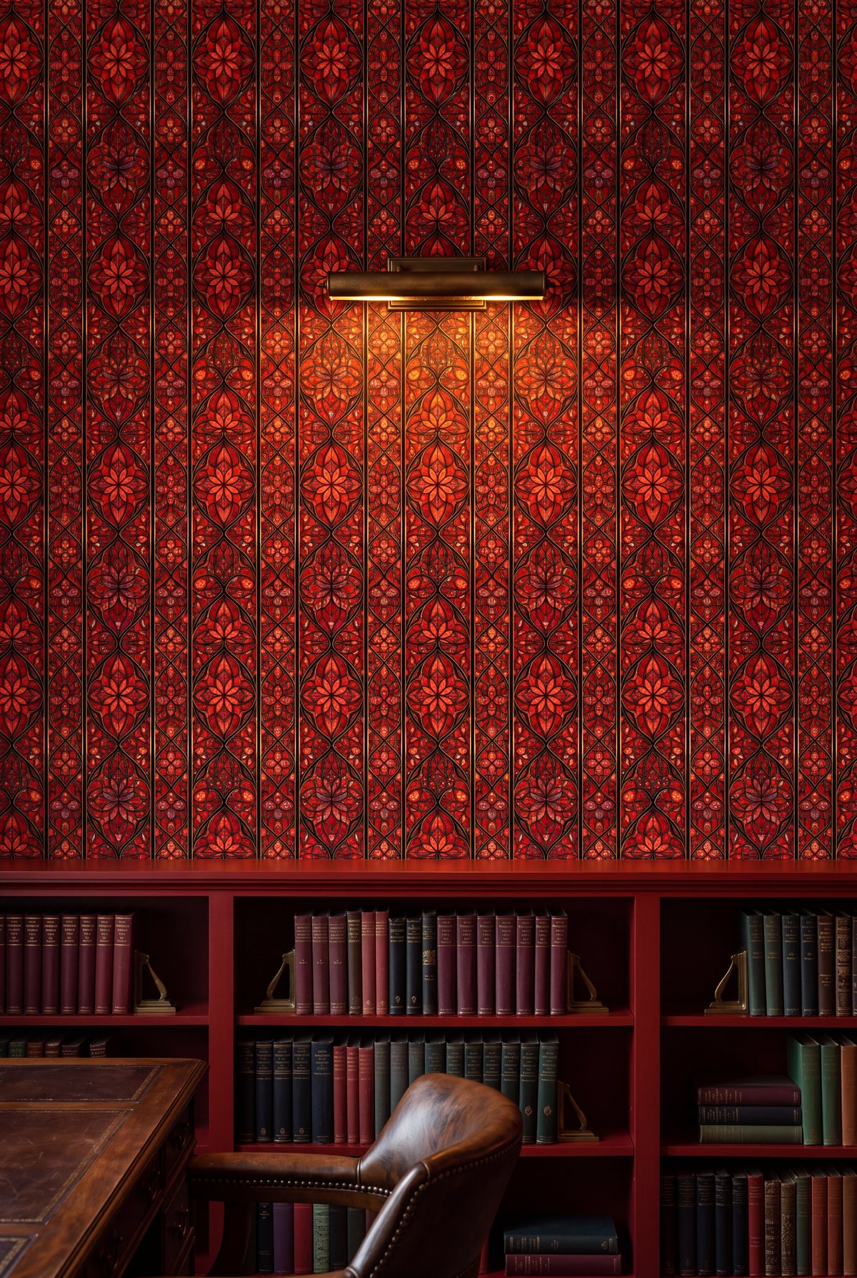 Cathedral Flame wallpaper shown in a library