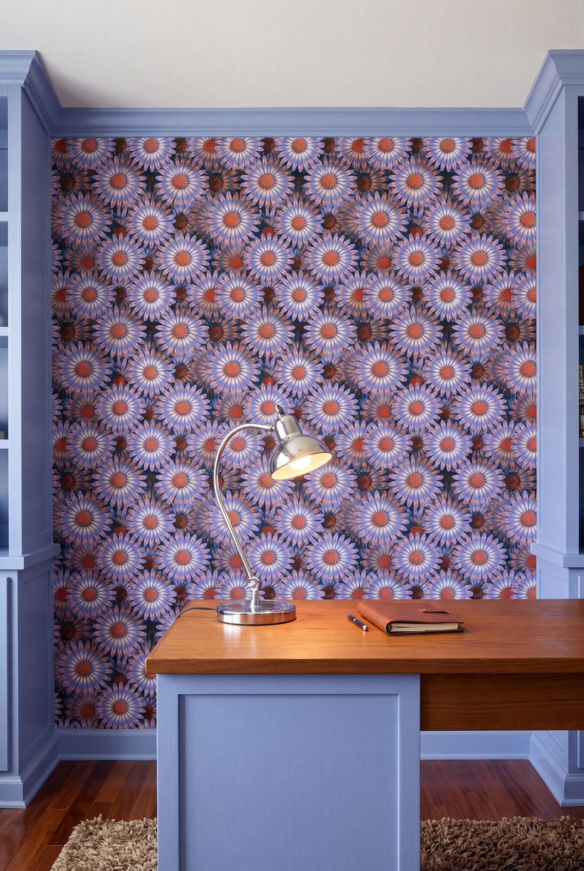 Periwinkle Daisy wallpaper shown in a home office