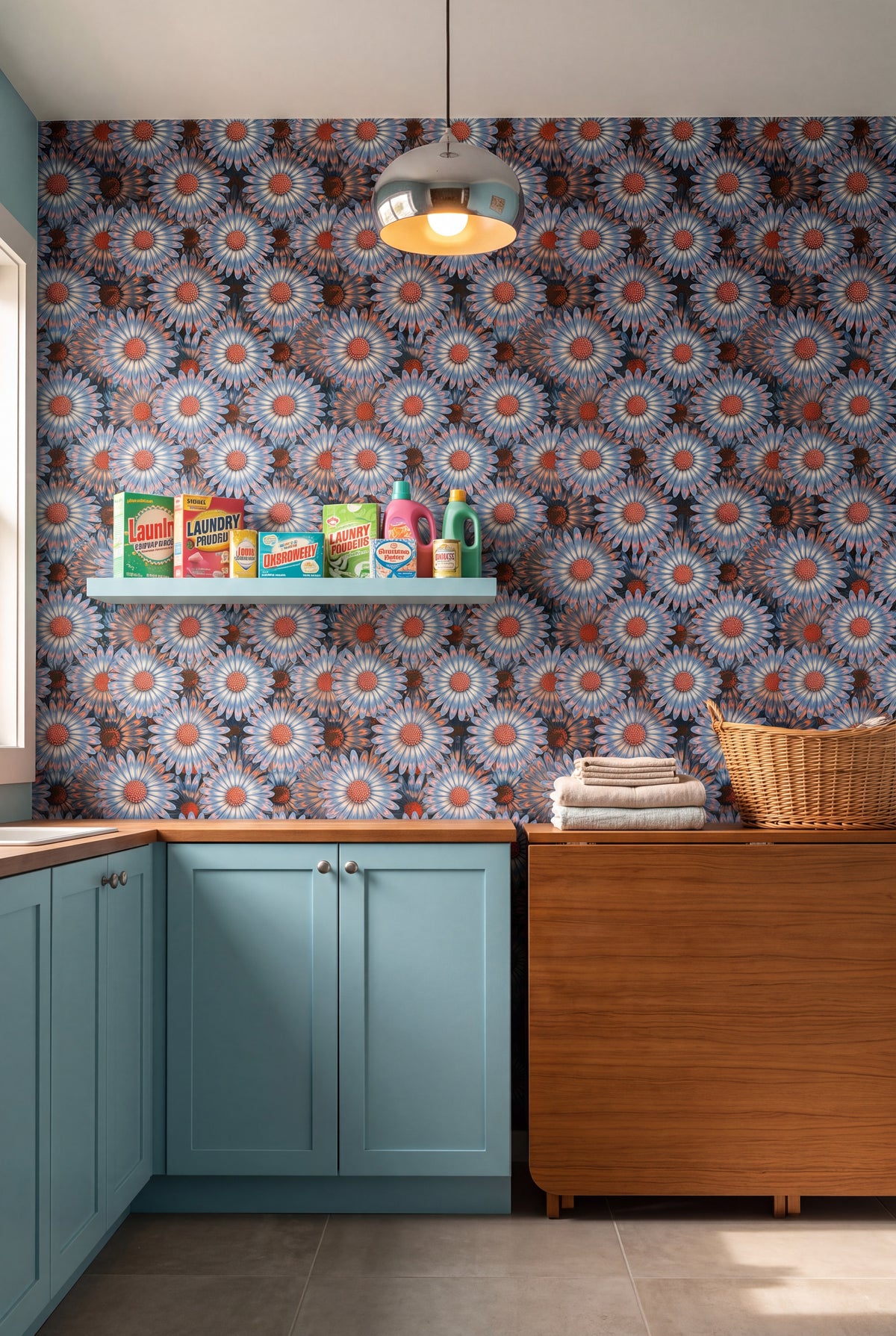 Lagoon Daisy wallpaper shown in a laundry room
