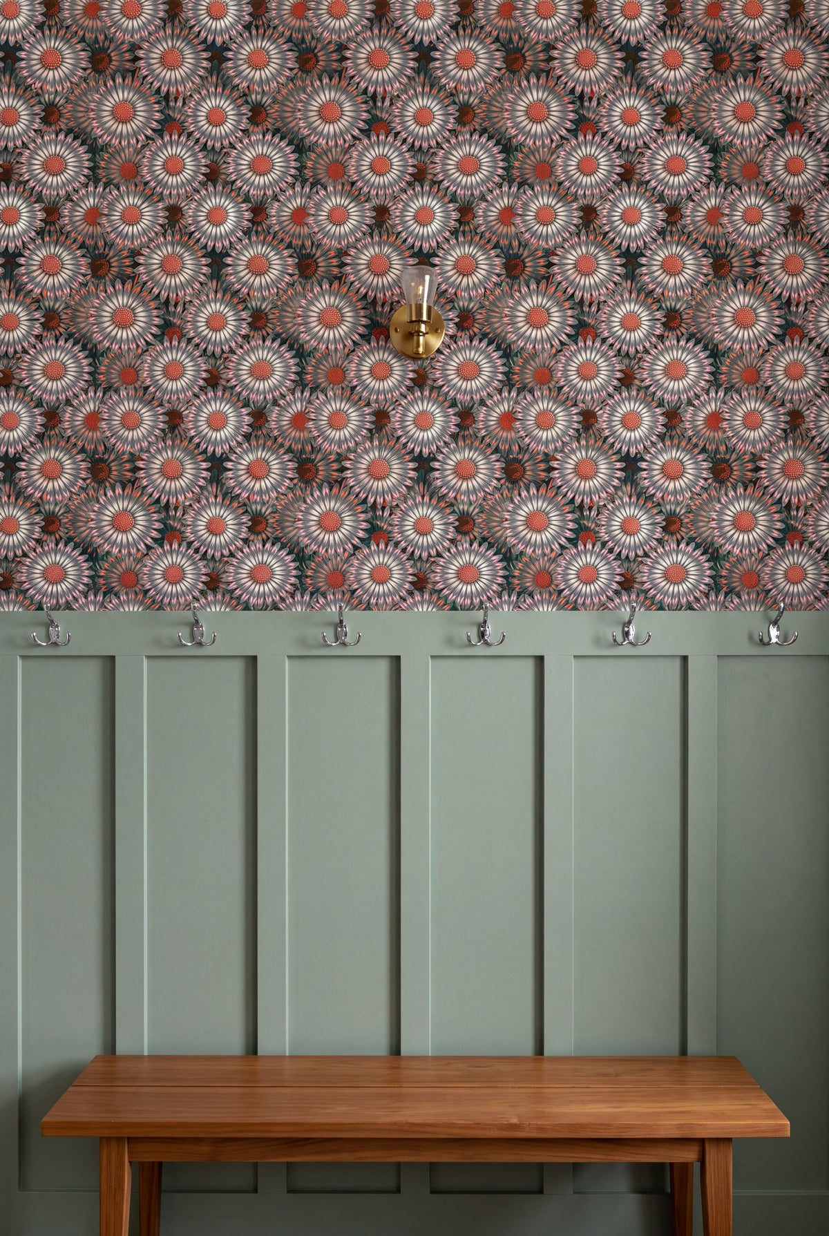 Sage Daisy wallpaper shown in a mudroom