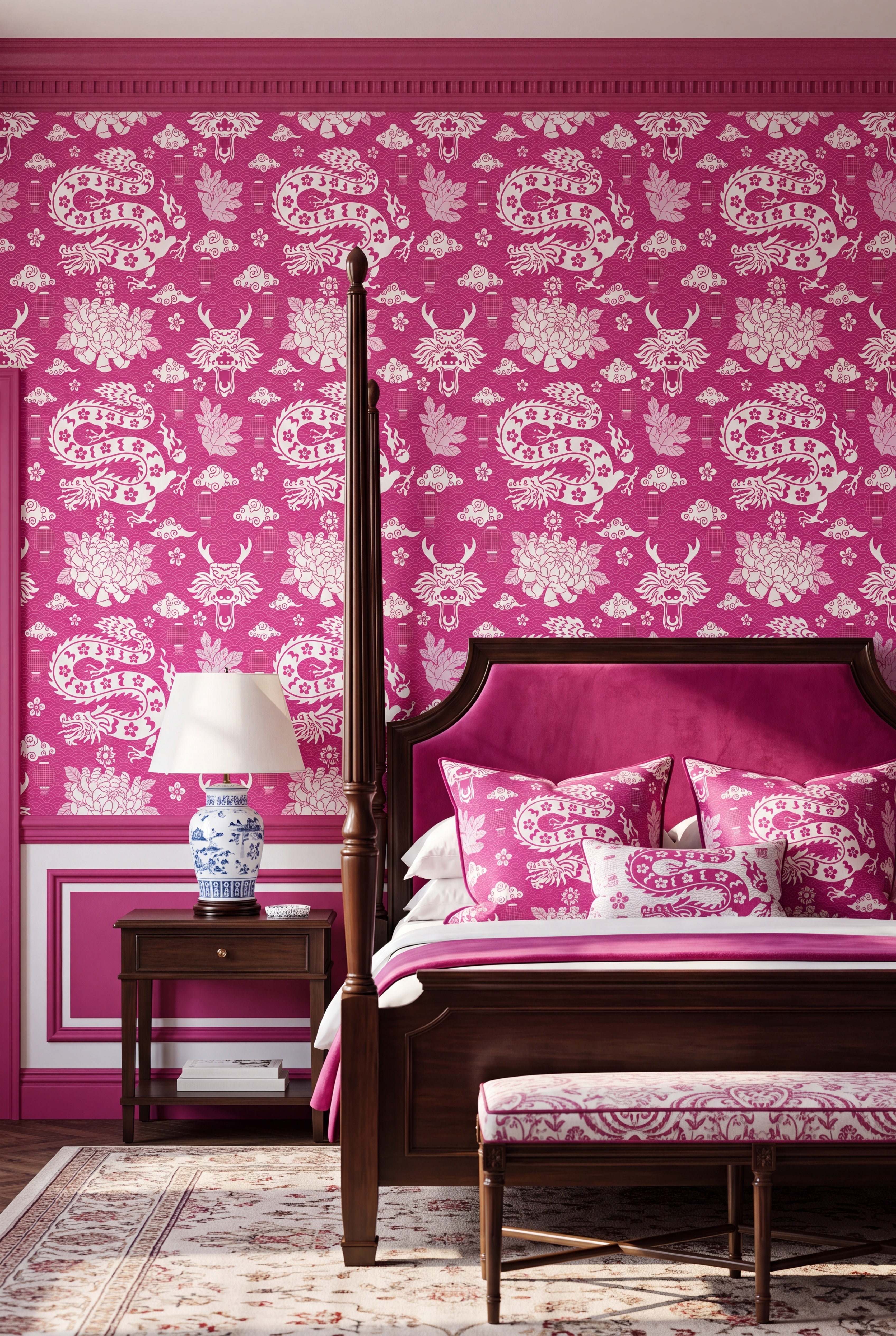 Dragonfruit wallpaper shown in a bedroom