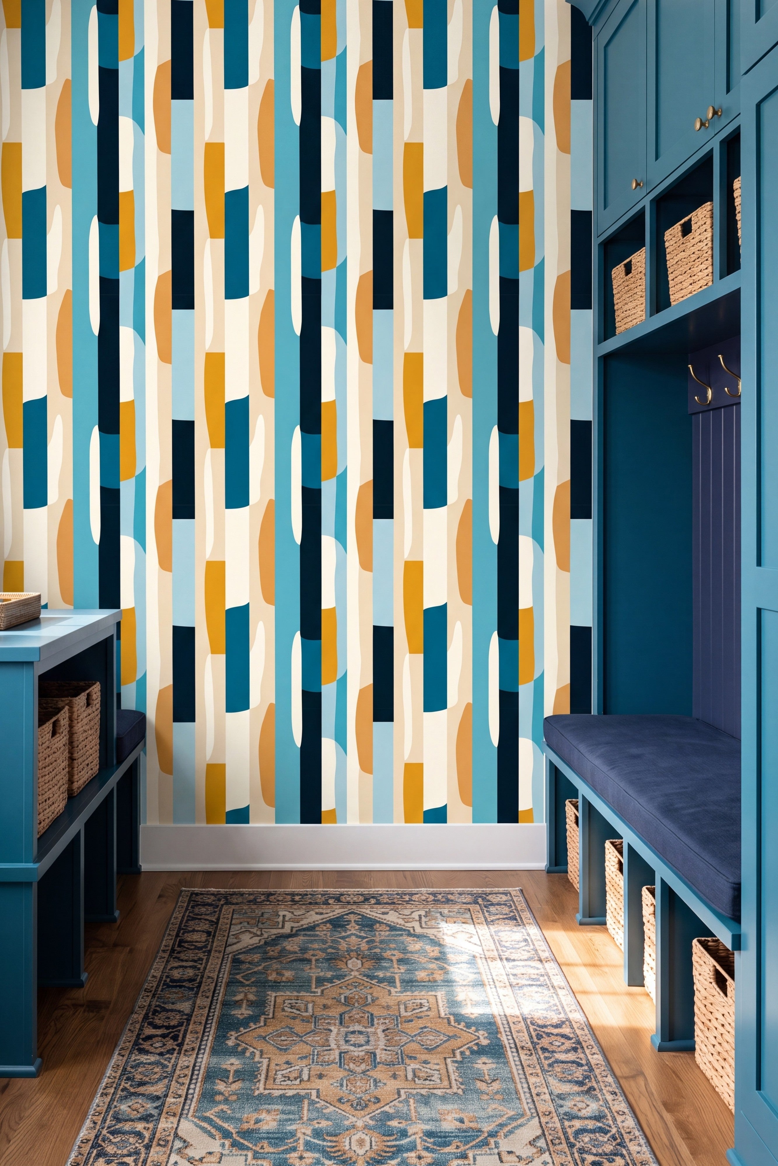 Mod Block wallpaper shown in a mudroom