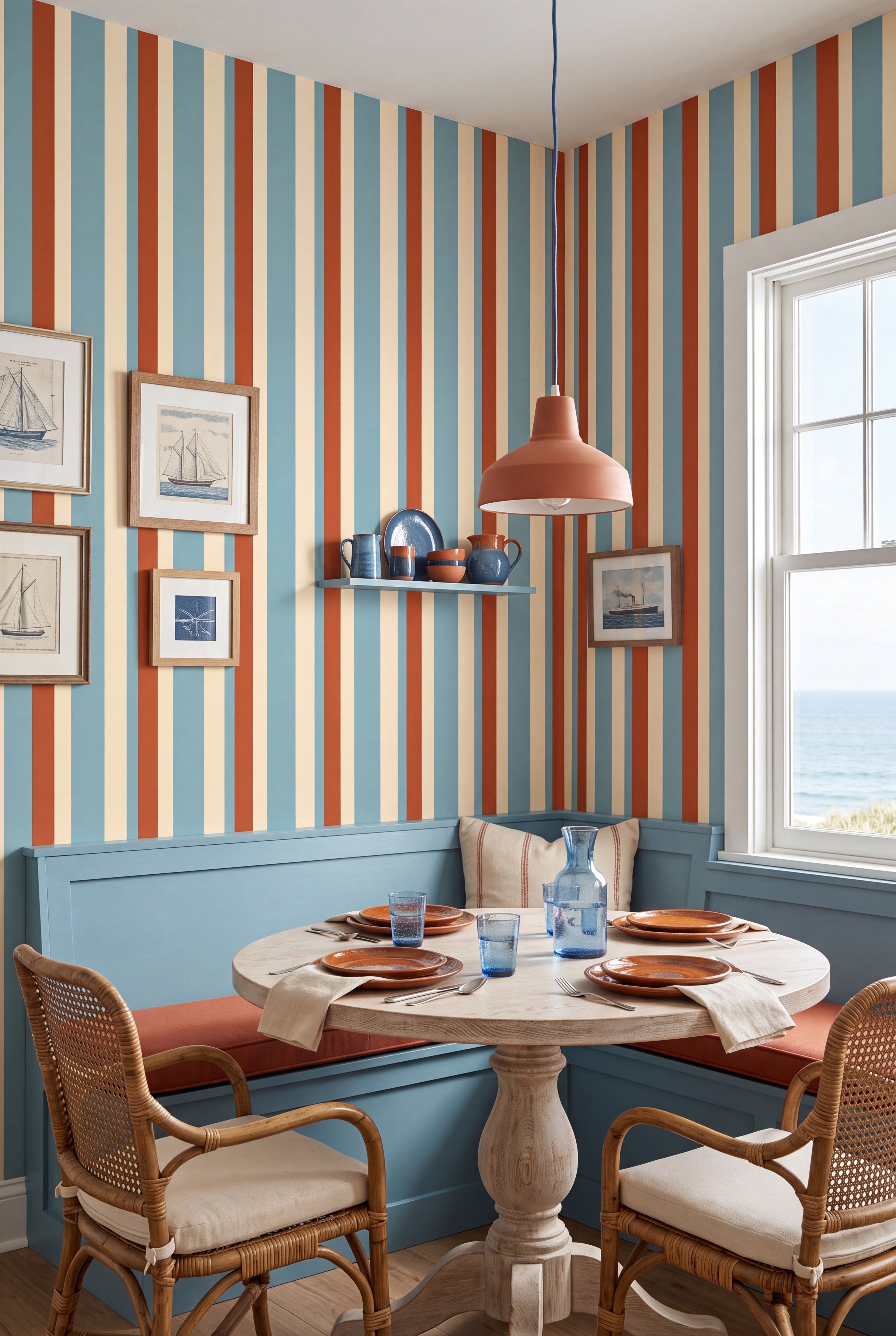 Carousel Stripe wallpaper shown in a cozy nook