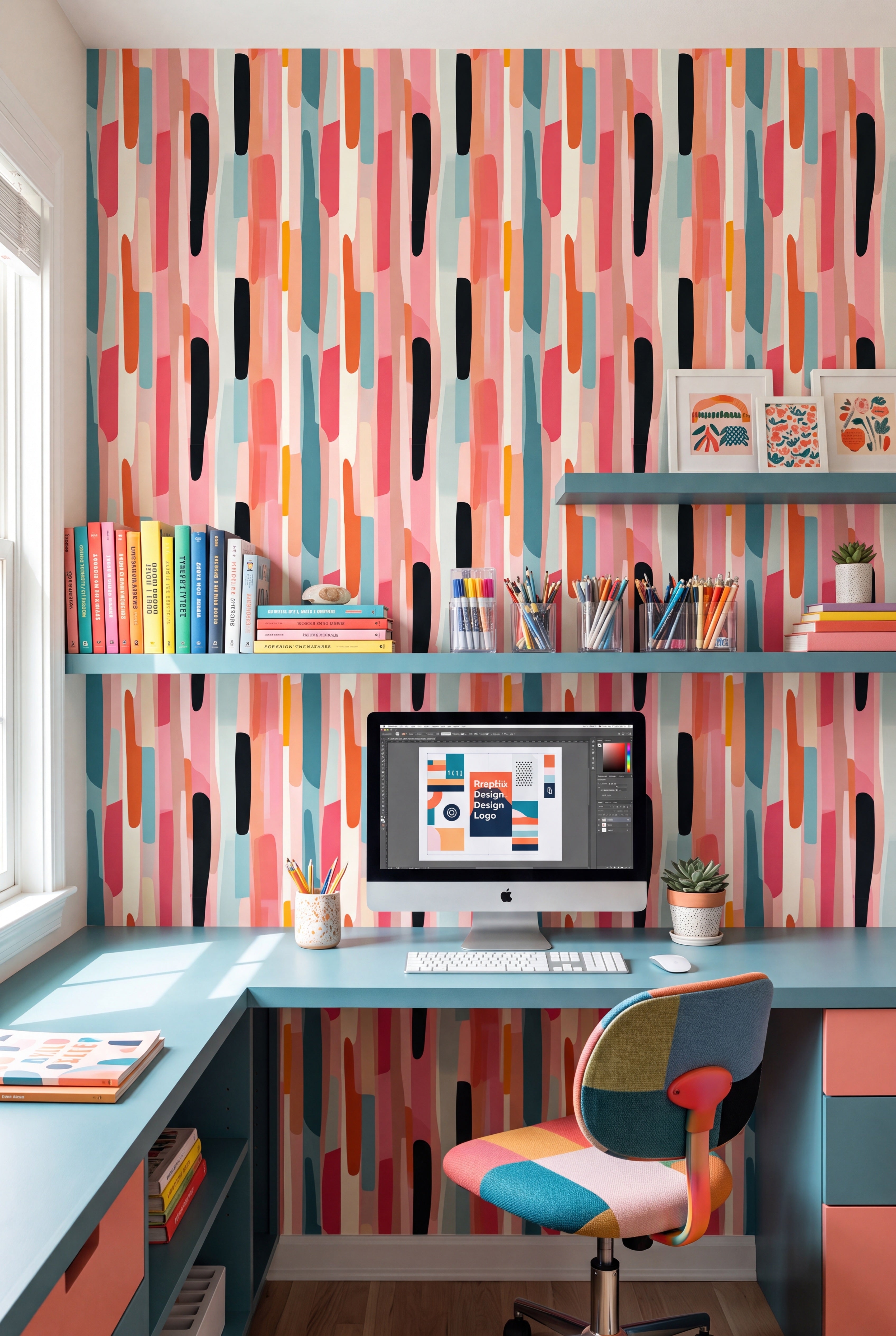 Jukebox Stripe wallpaper shown in a home office