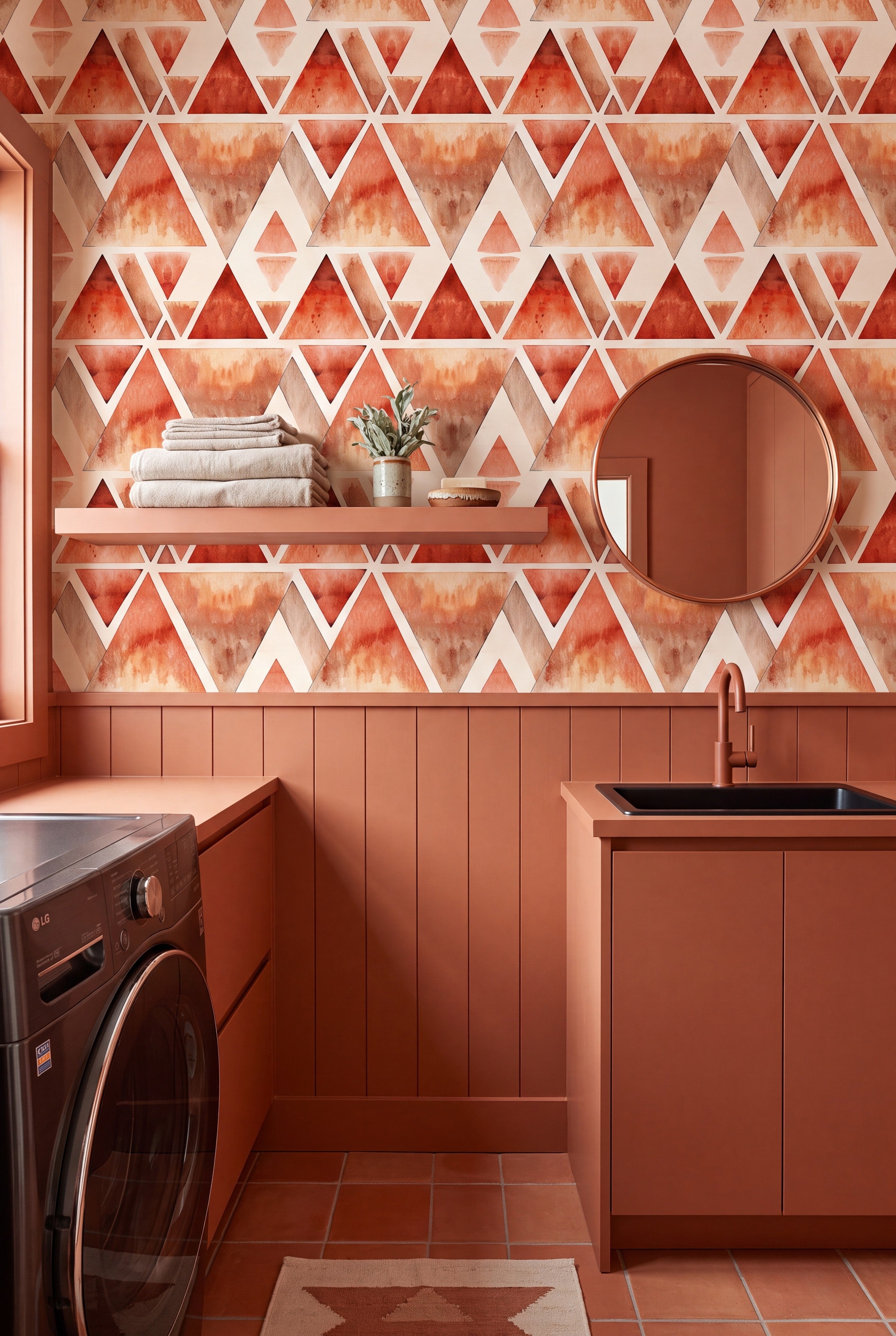 Santa Fe wallpaper shown in a laundry room