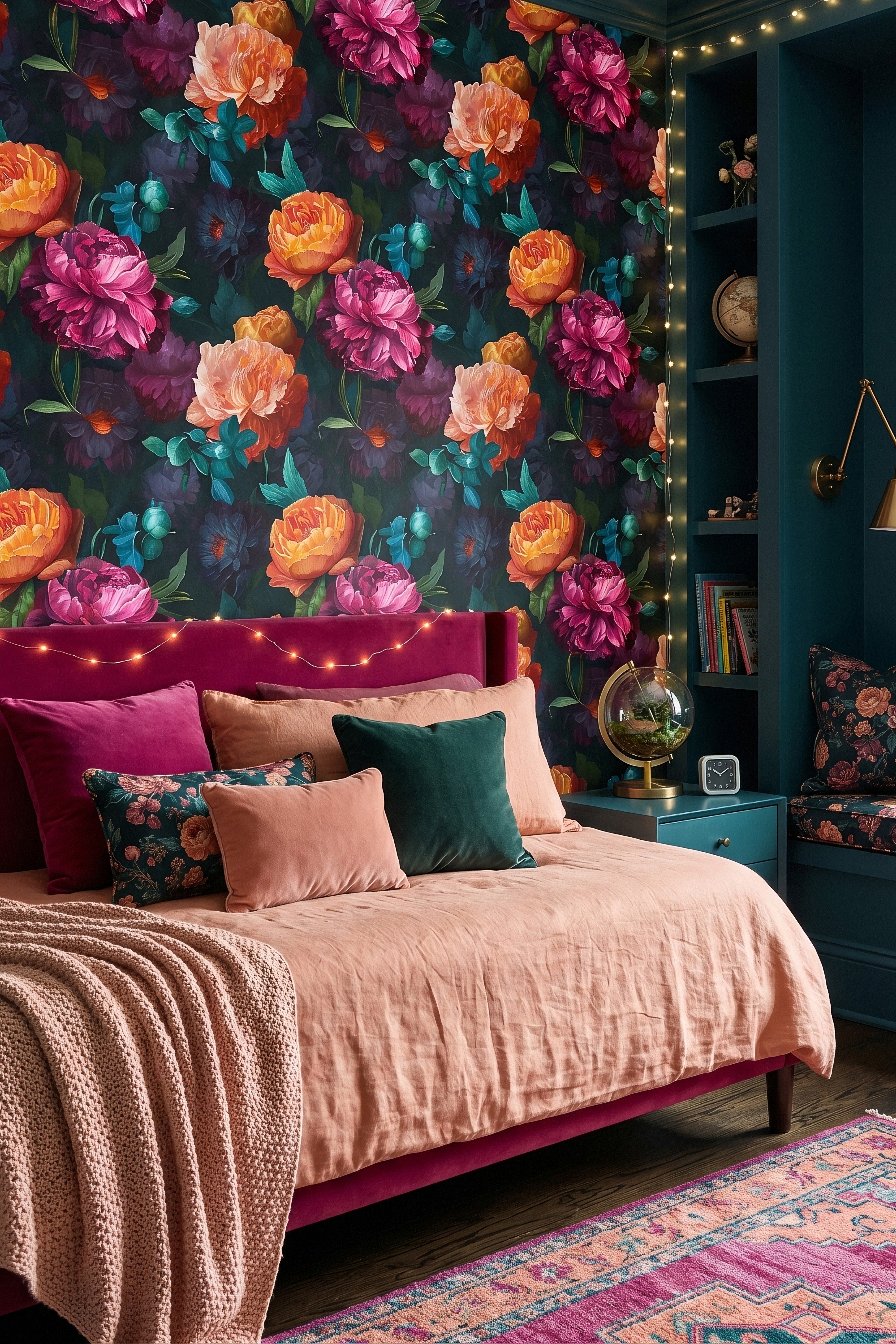 Dusk Peony wallpaper shown in a bedroom