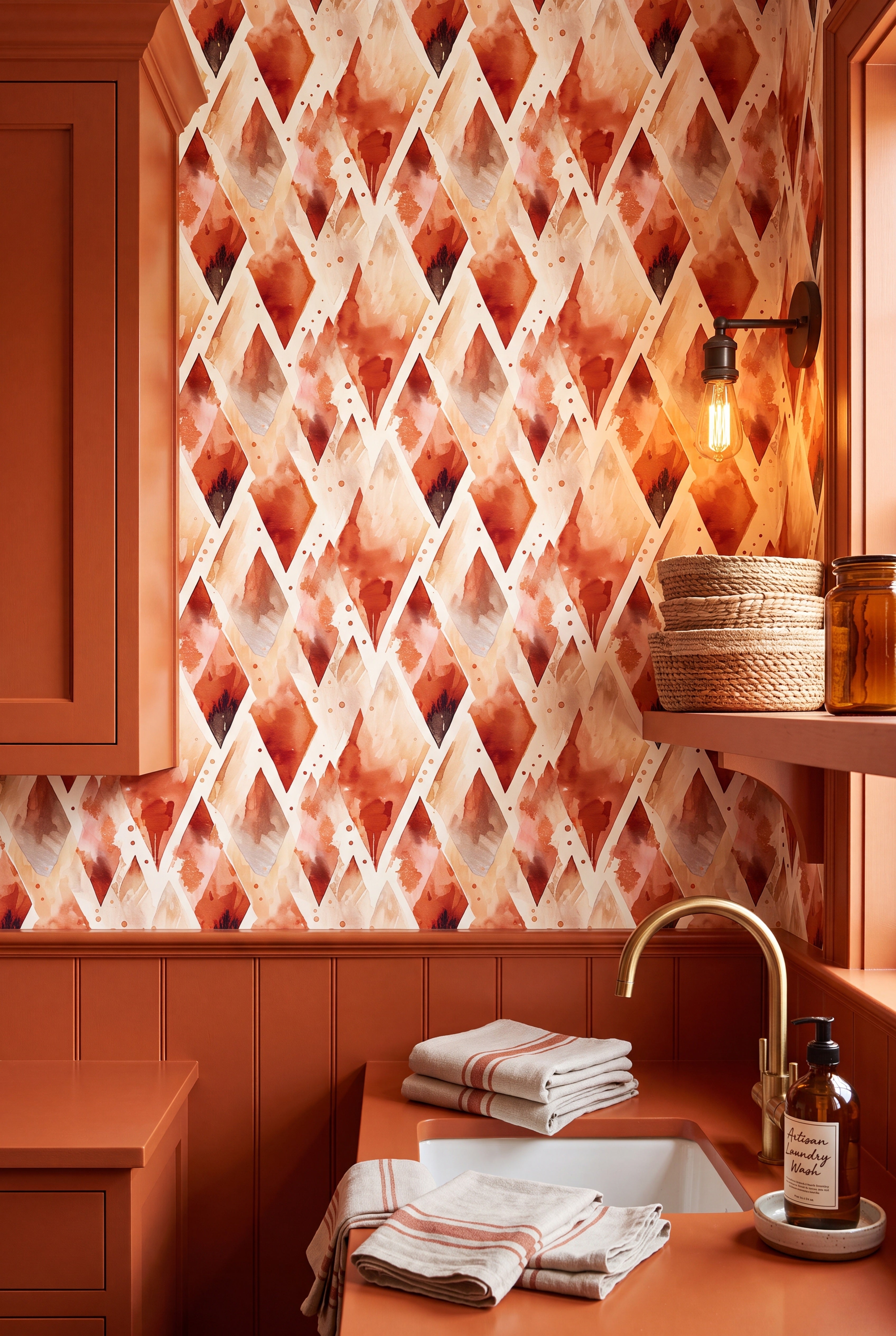 Harlequin Clay wallpaper shown in a laundry room