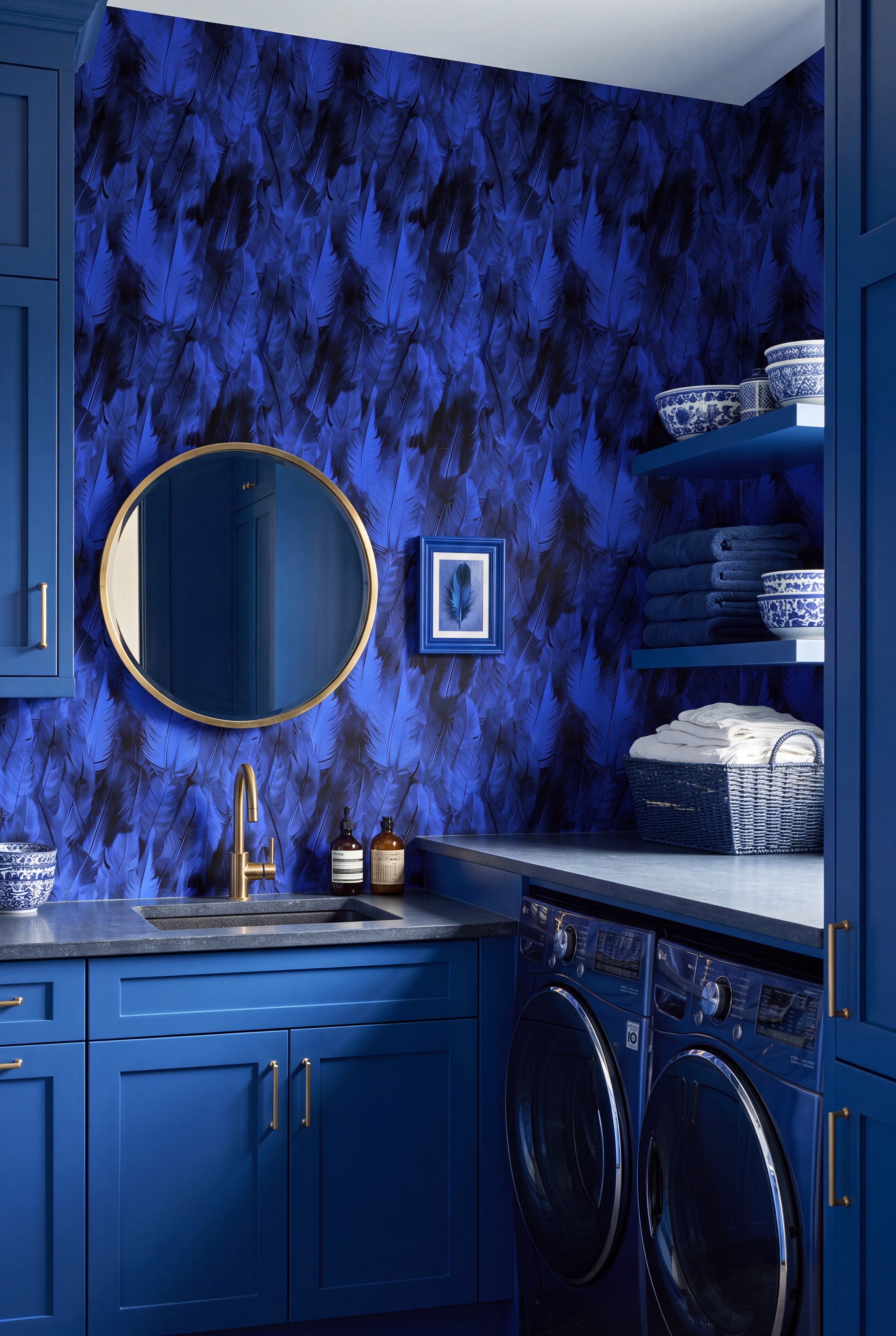 Cobalt Plume wallpaper shown in a laundry room