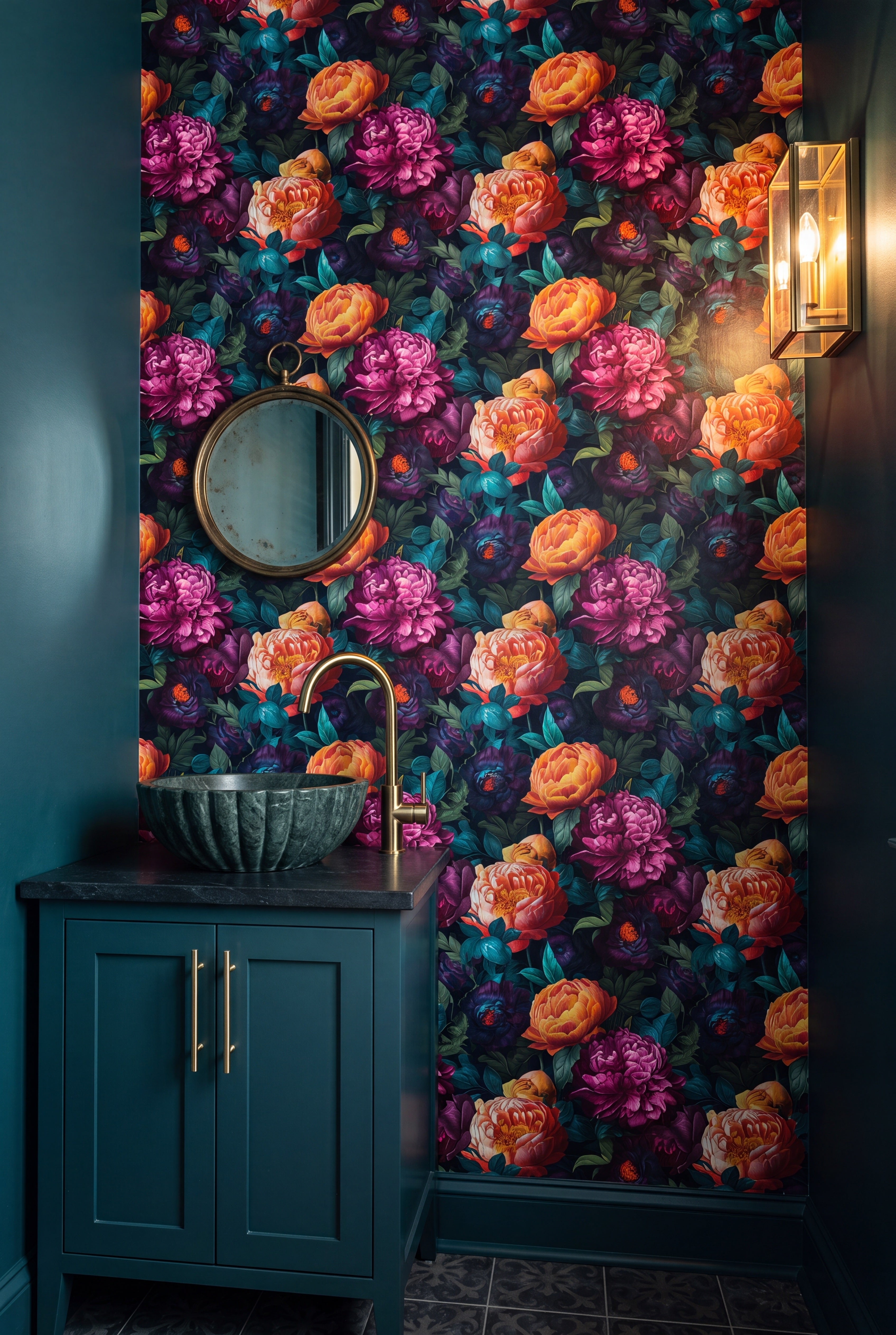 Jewel Box wallpaper shown in a powder room