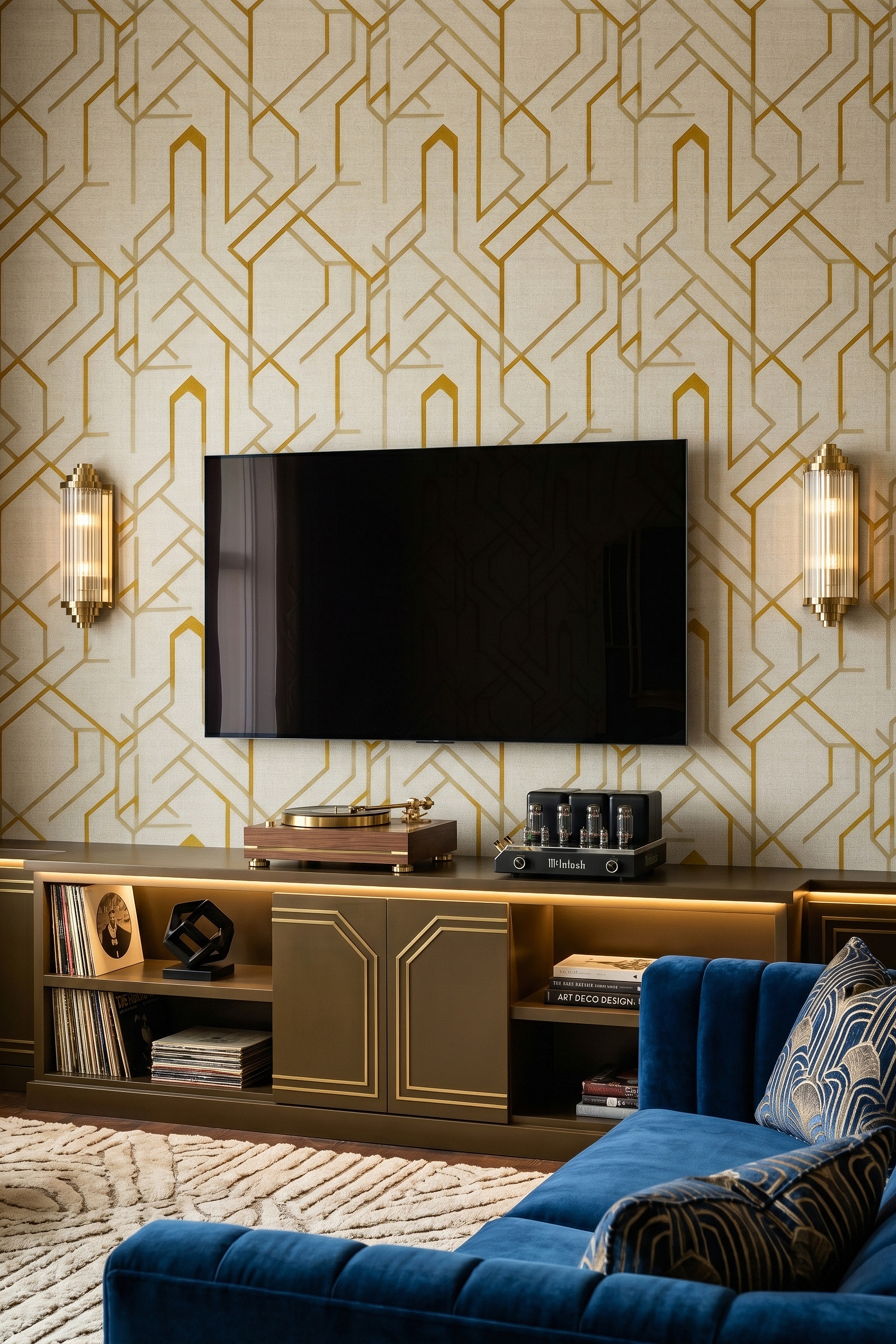 Gilded Age wallpaper shown in a media room