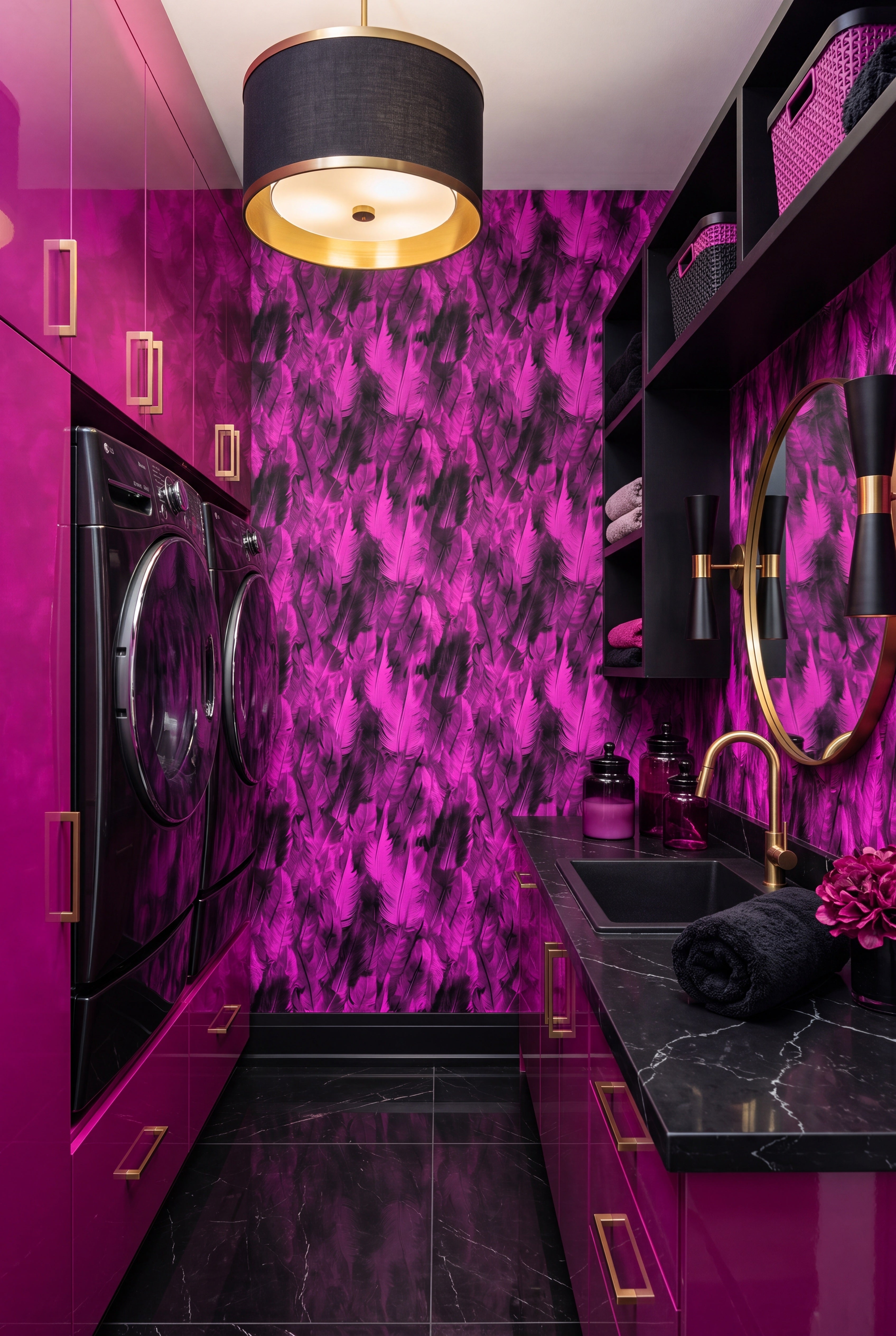 Fuchsia Flight wallpaper shown in a laundry room