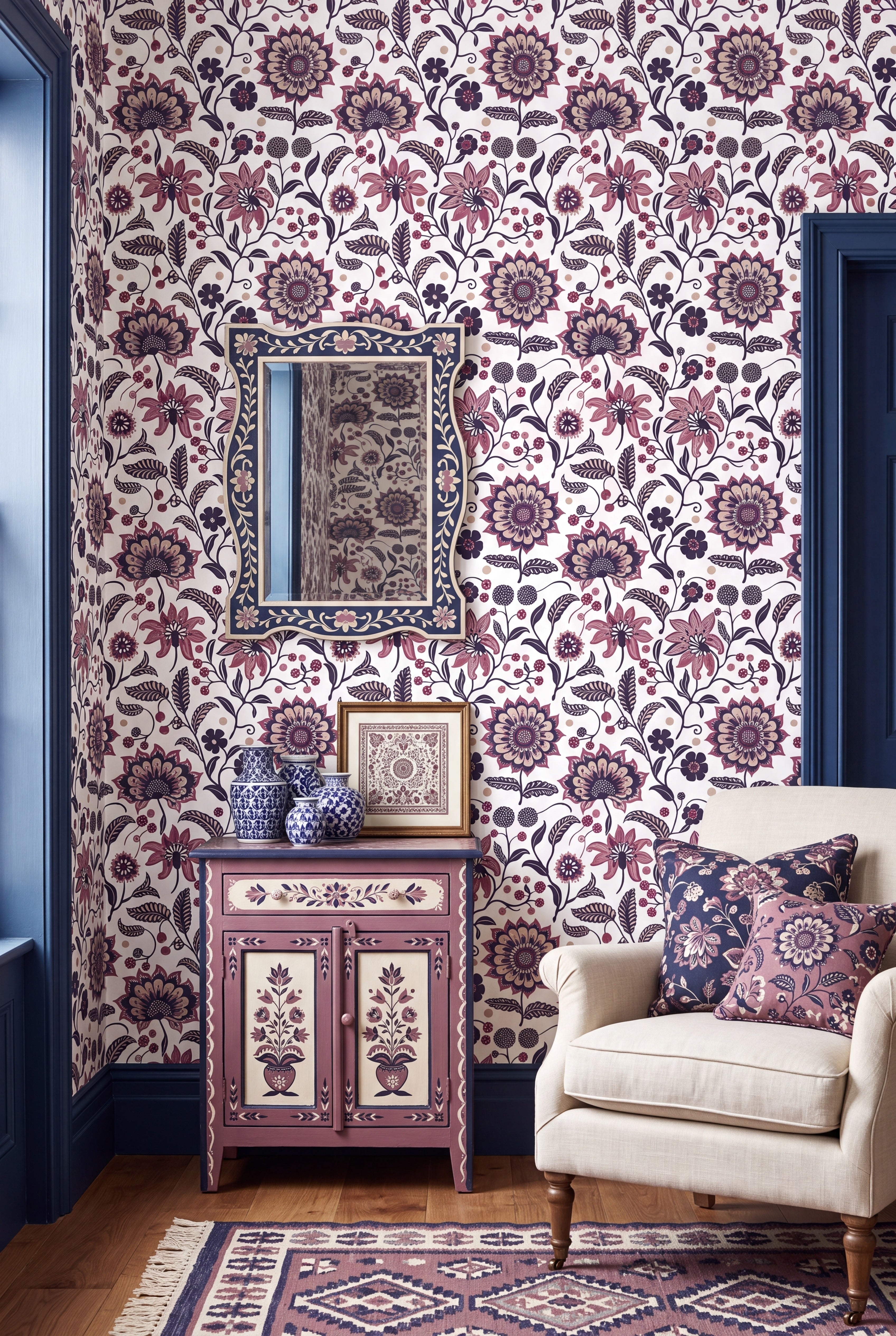 Plum Folklore wallpaper shown in a living room