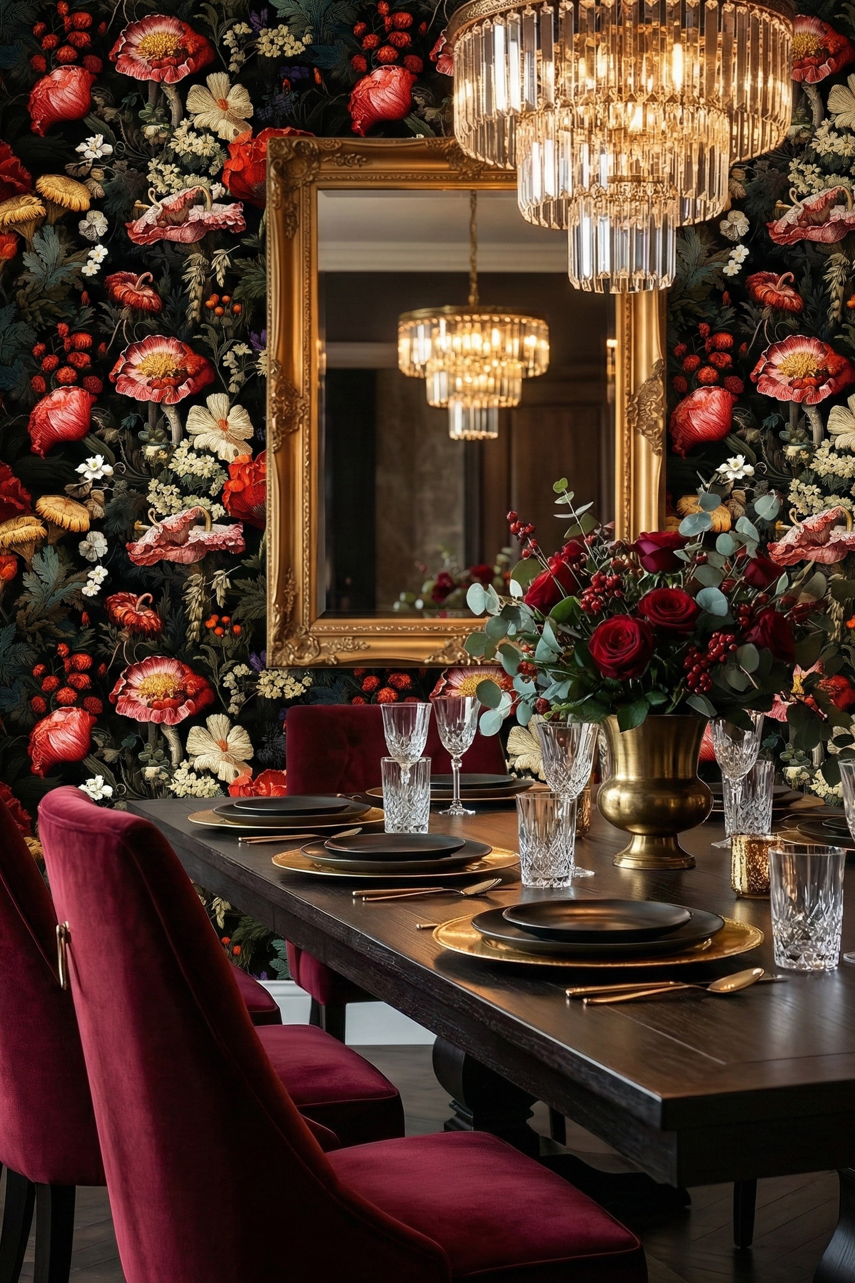 Scarlet Meadow wallpaper shown in a dining room