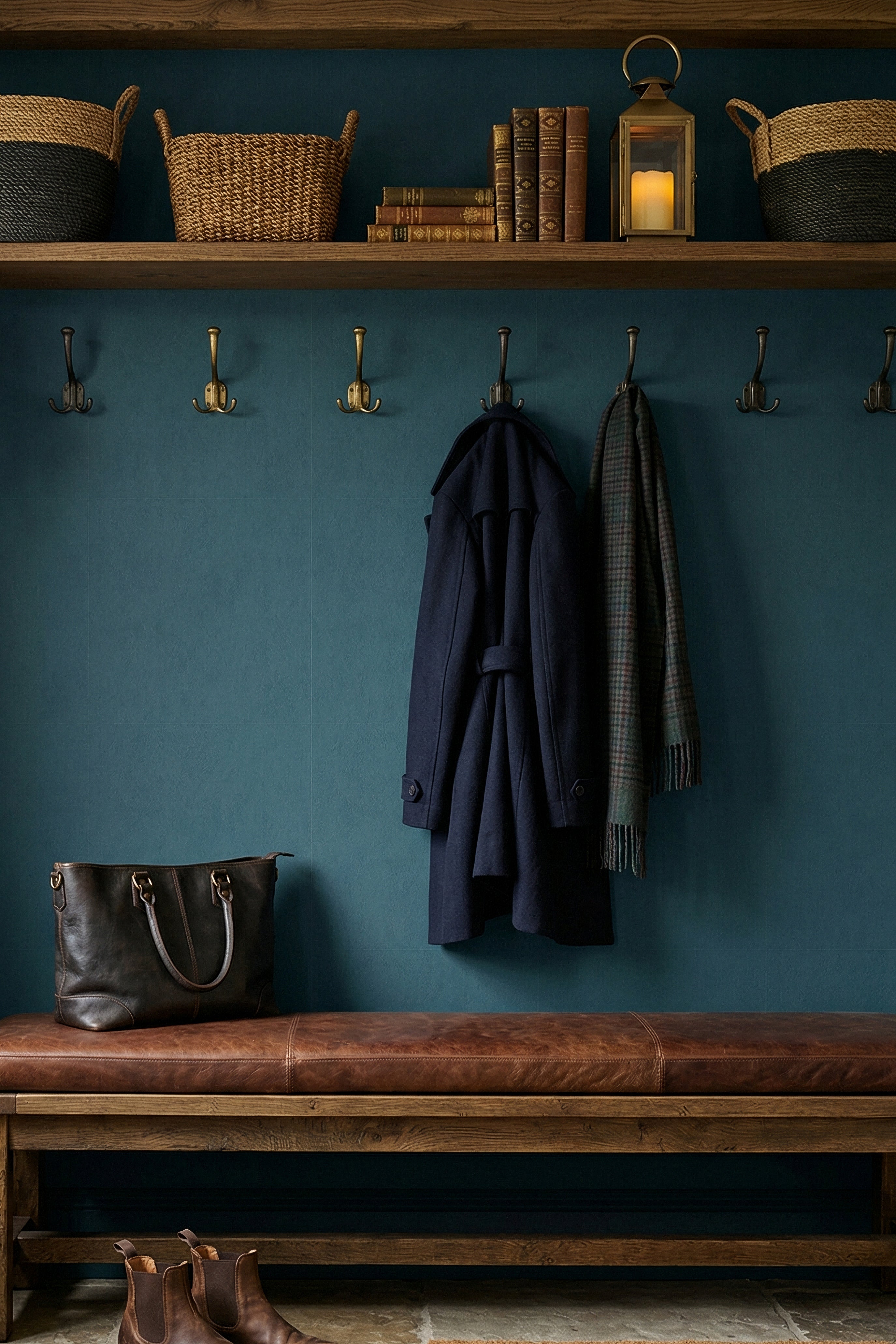 Deep End wallpaper shown in a mudroom