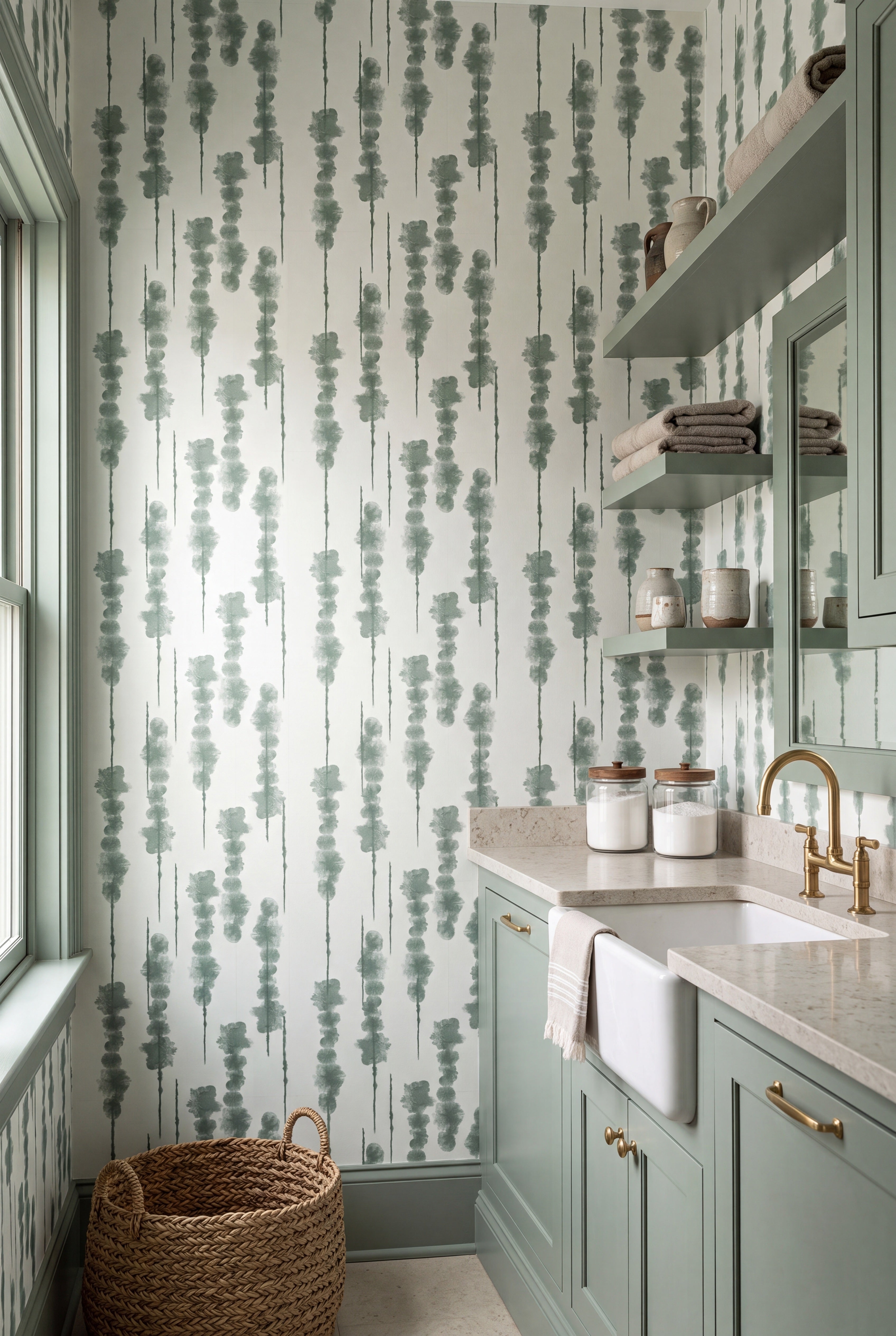 Shibori Stripe wallpaper shown in a laundry room