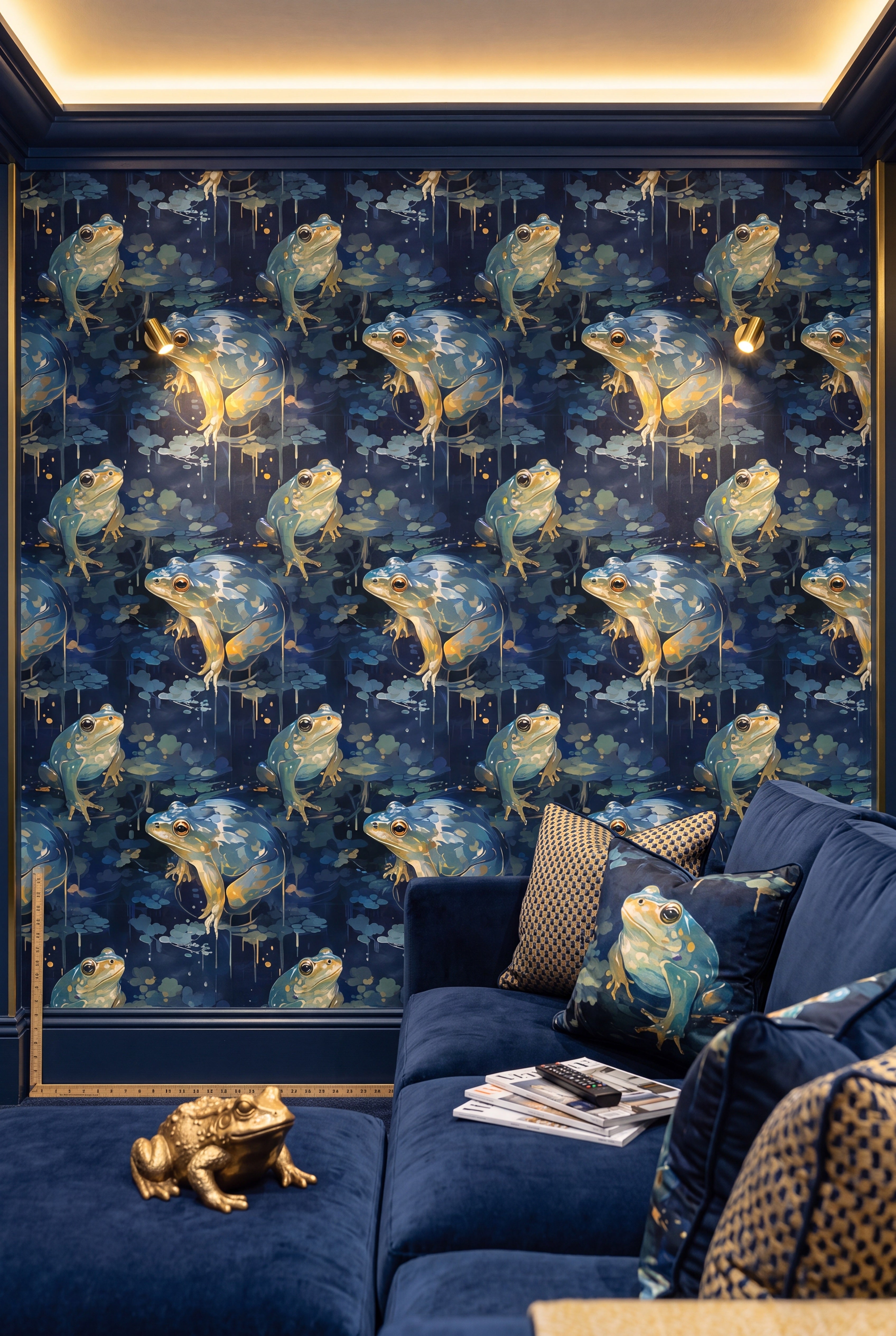 Frog Prince wallpaper shown in a media room