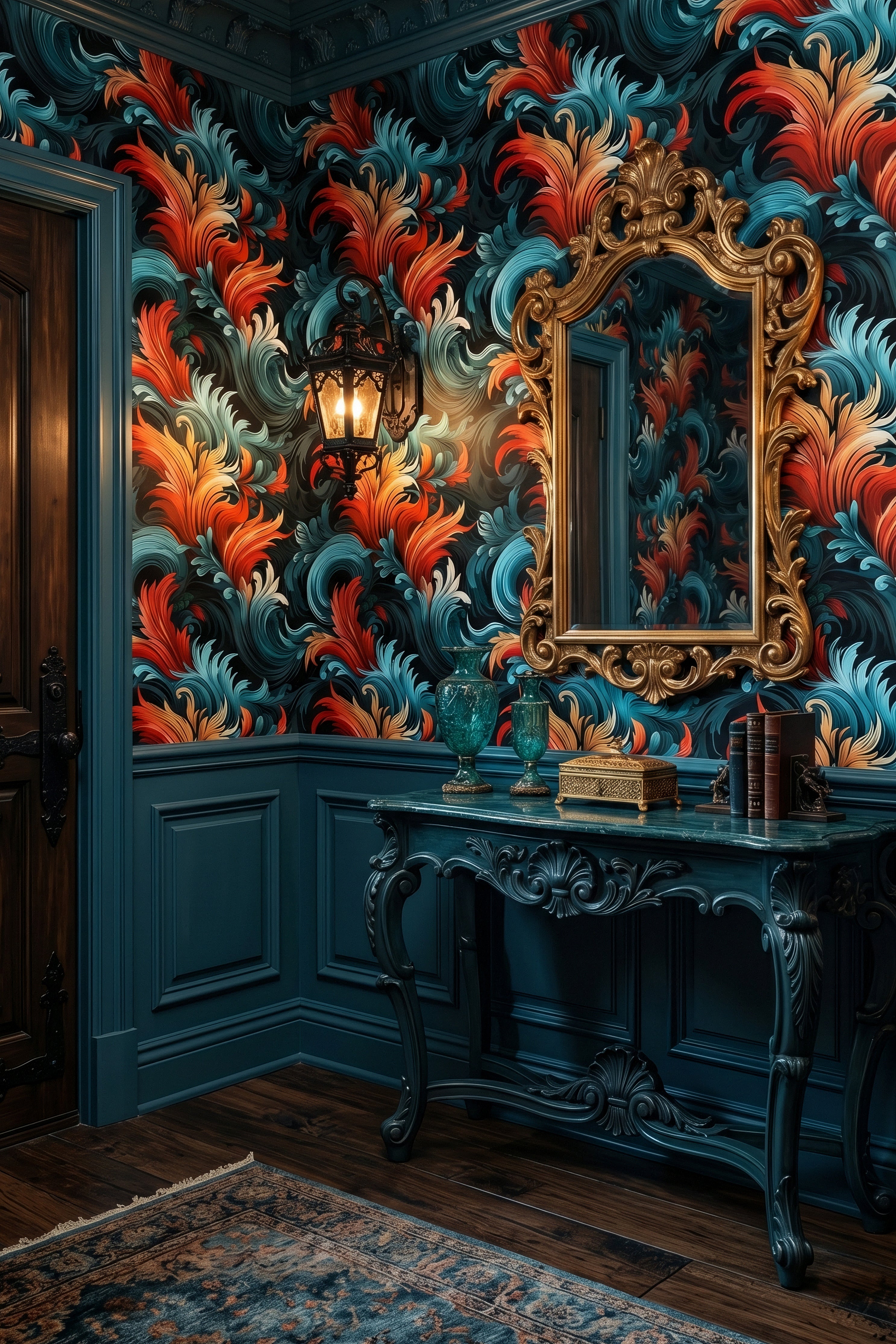 Acanthus Ember wallpaper shown in an entryway