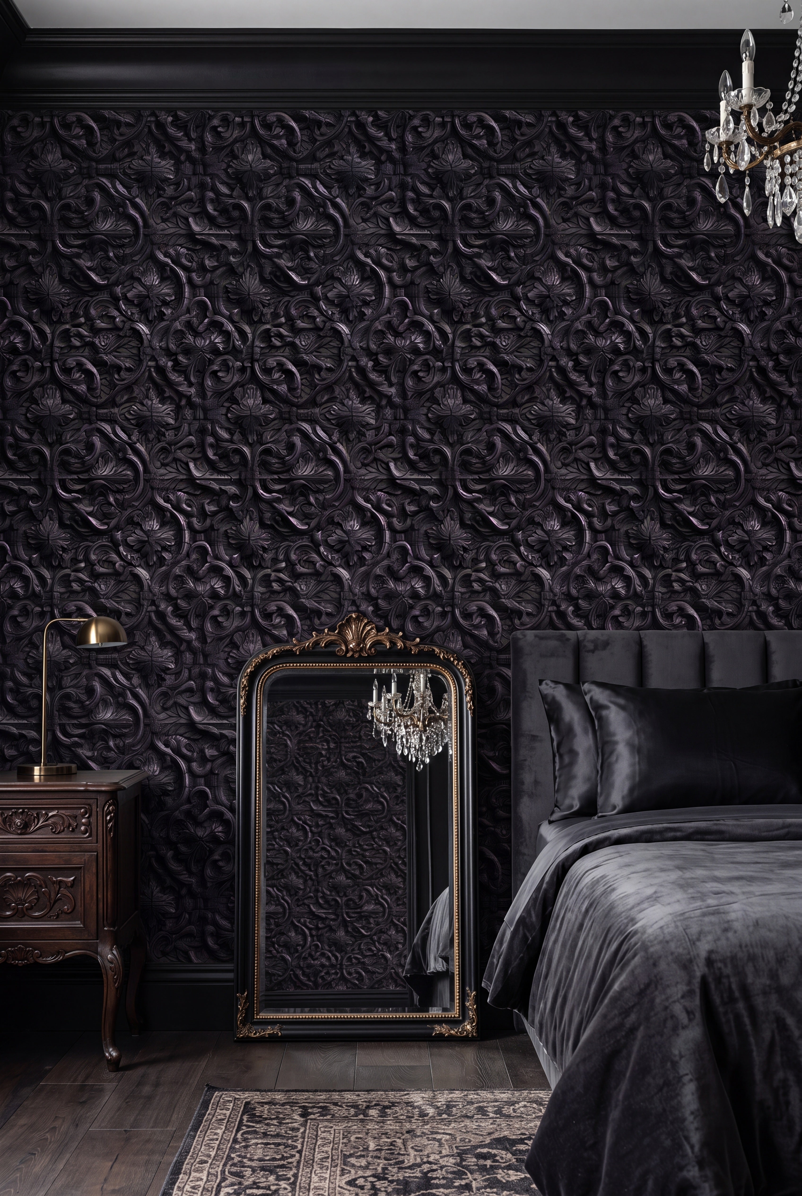 Iron Lace wallpaper shown in a bedroom