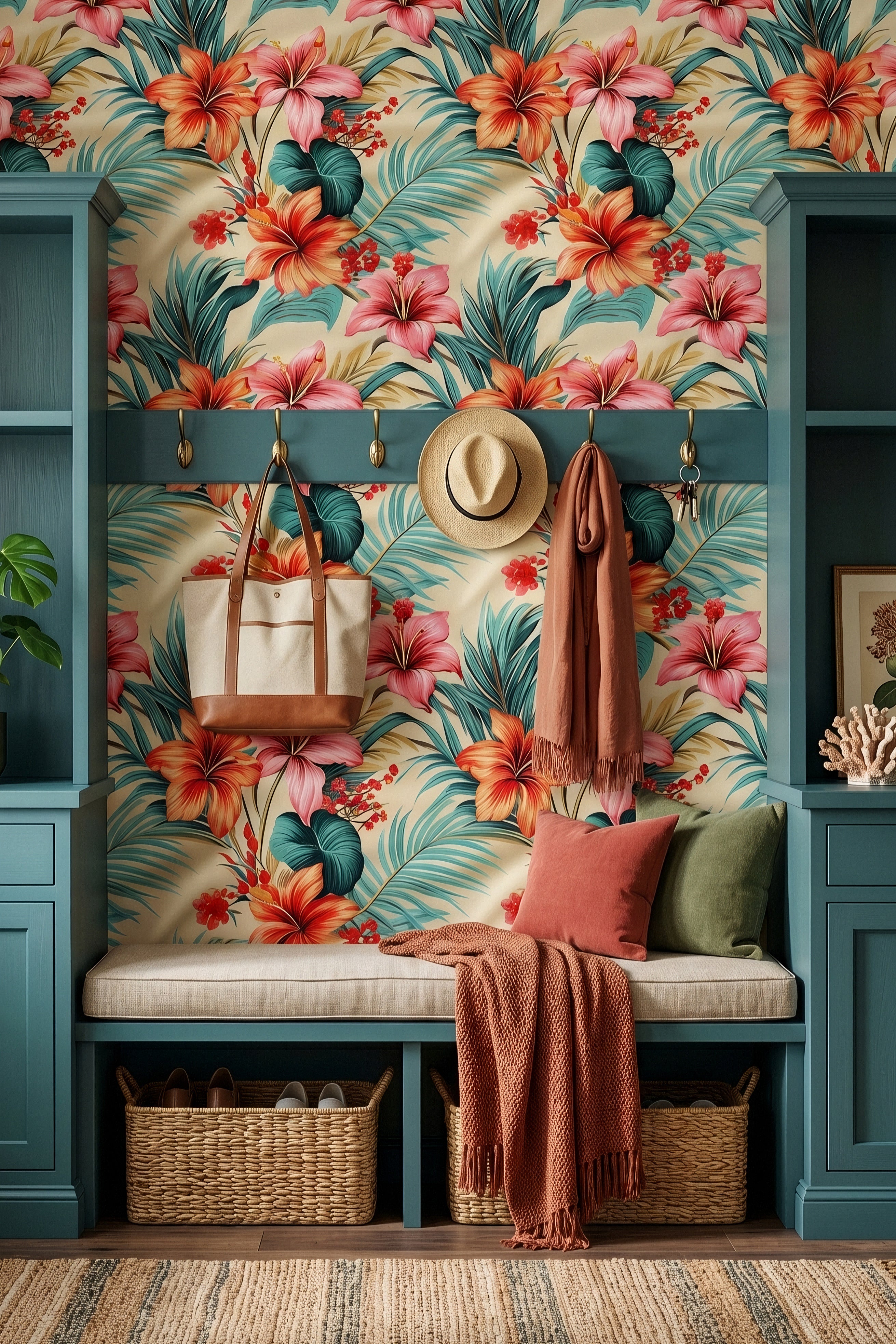Hibiscus Holiday wallpaper shown in a mudroom