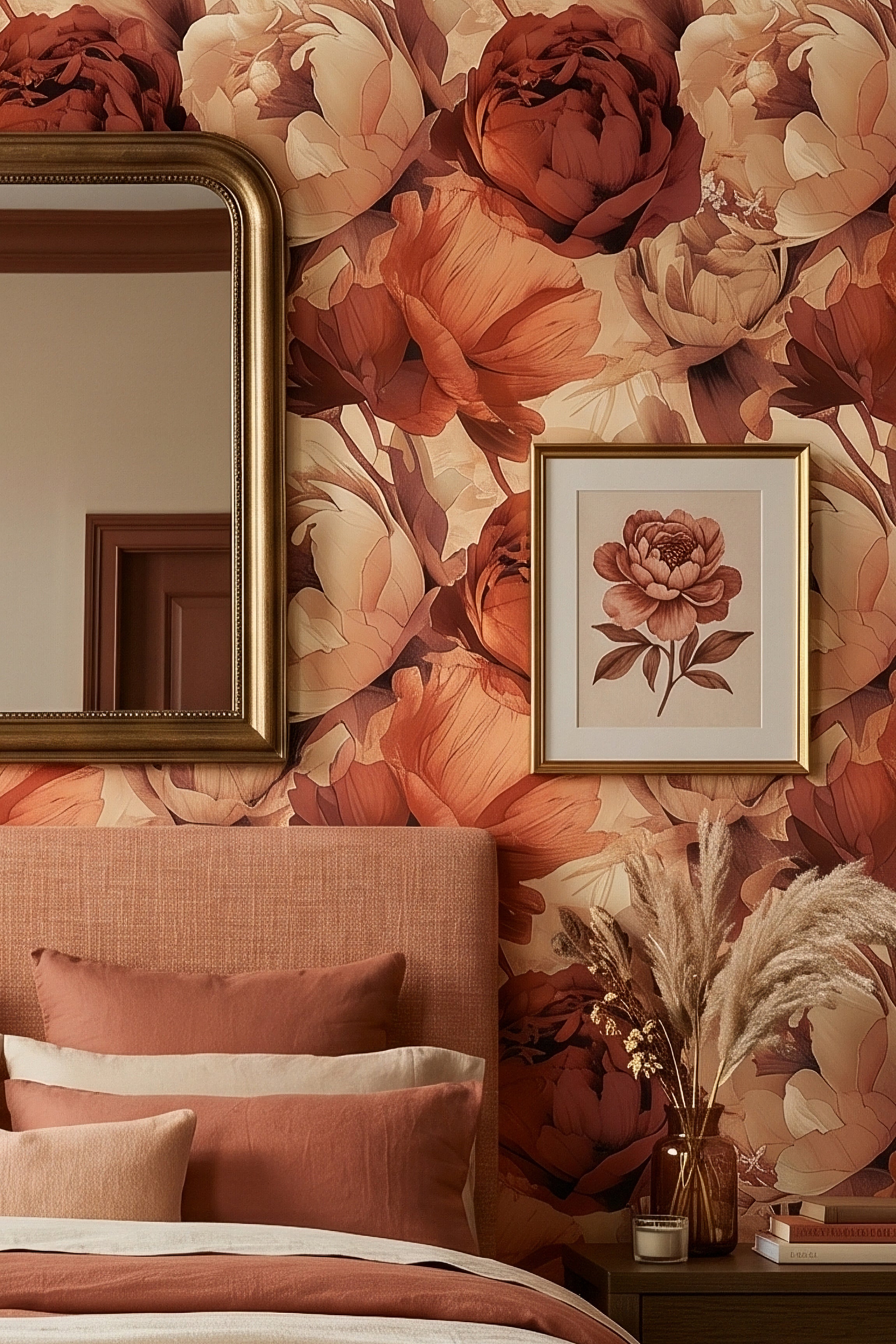 Amber Peony wallpaper shown in a bedroom