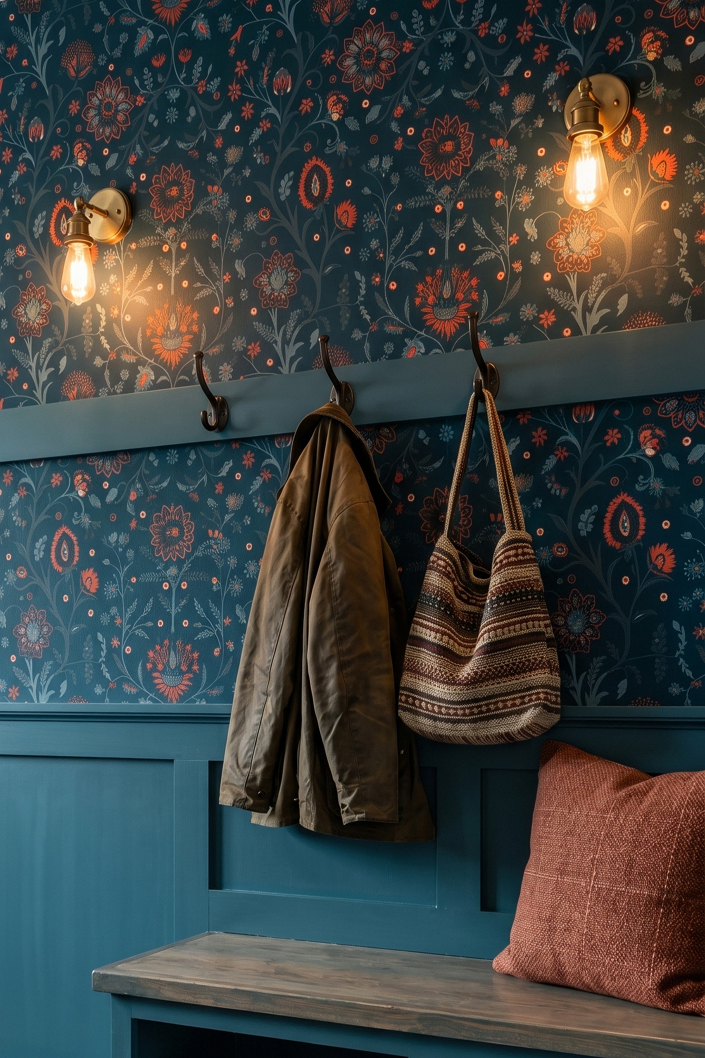 Nordic Nightfall wallpaper shown in a mudroom