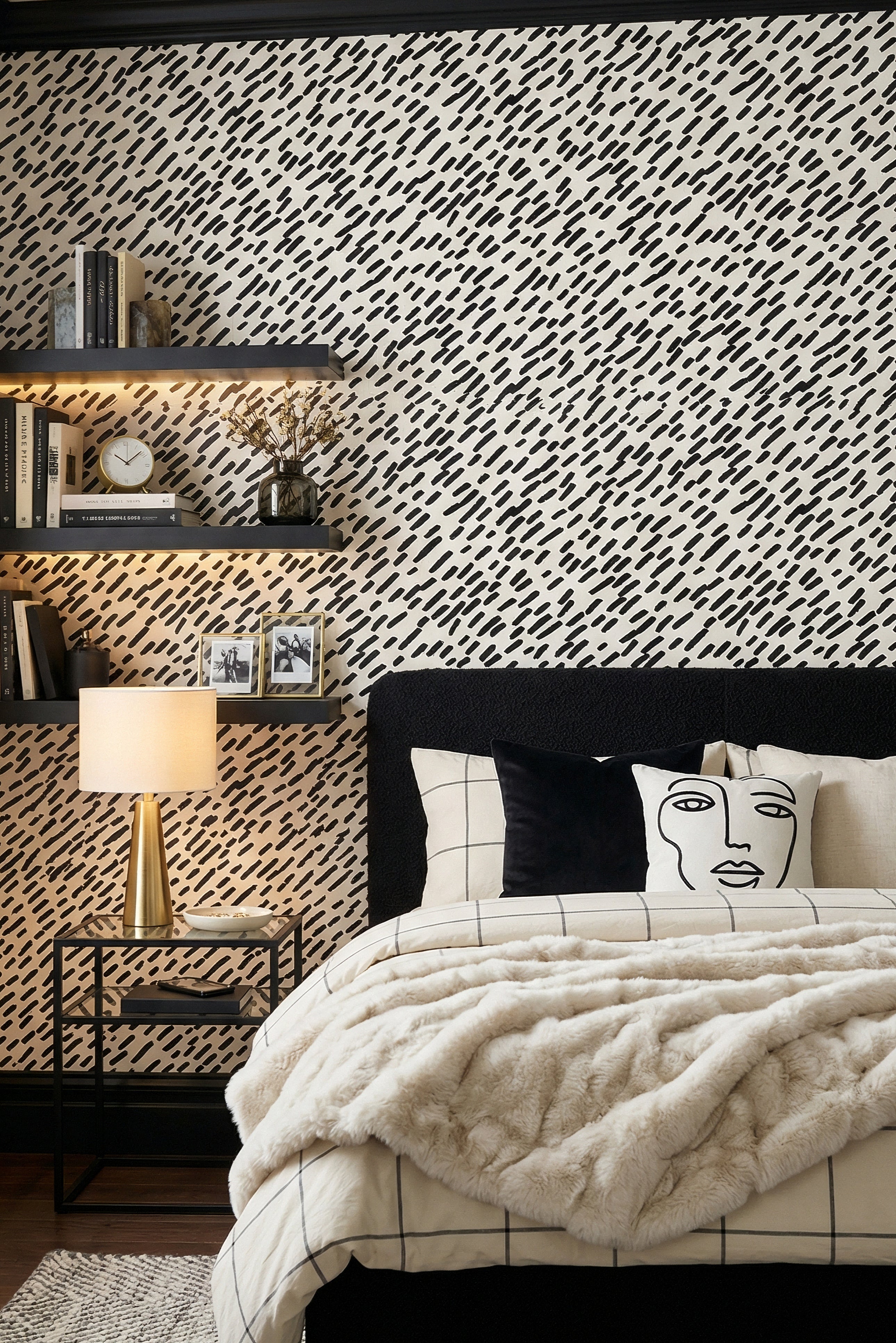 Brushstroke wallpaper shown in a bedroom