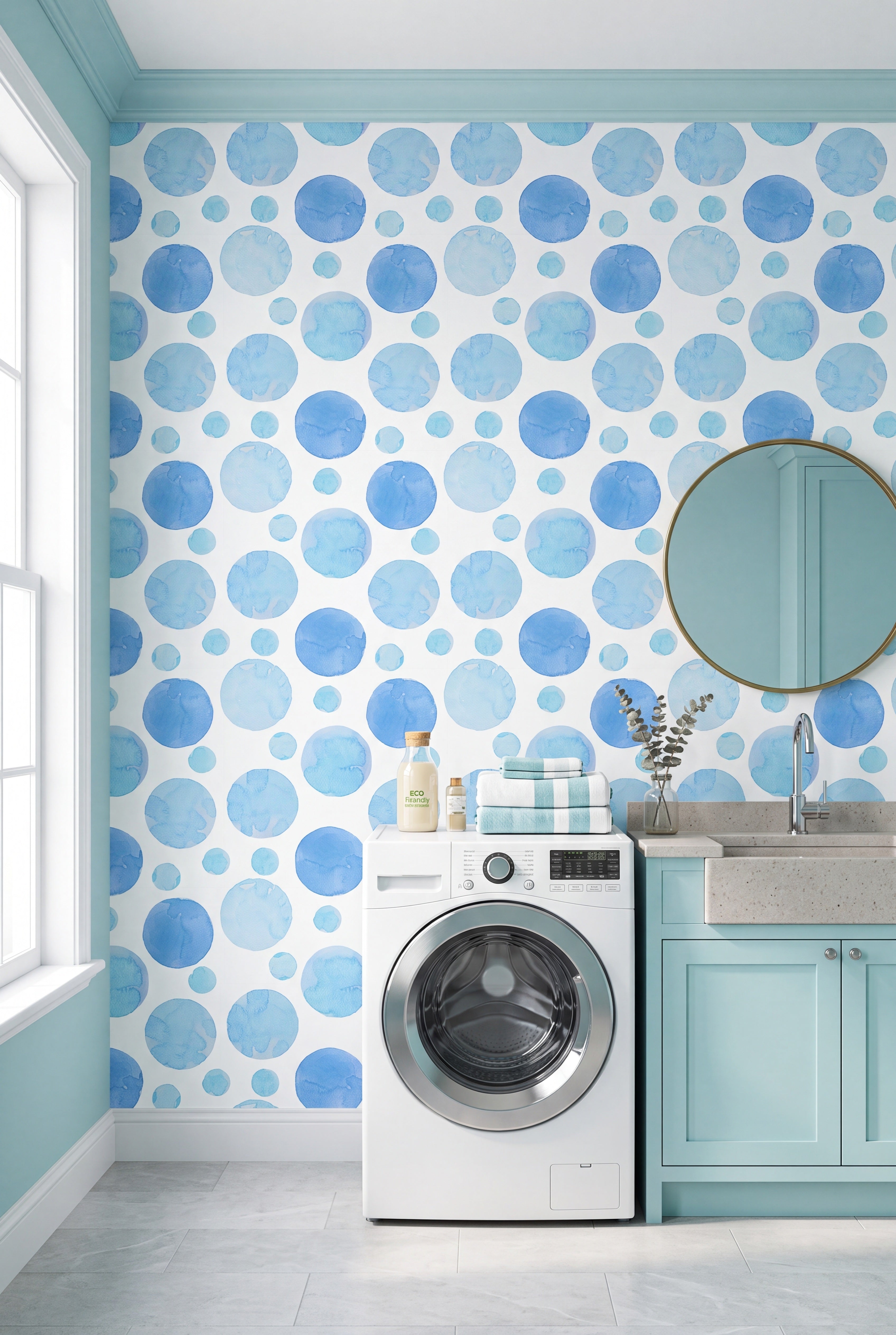 Aqua Dot wallpaper shown in a laundry room