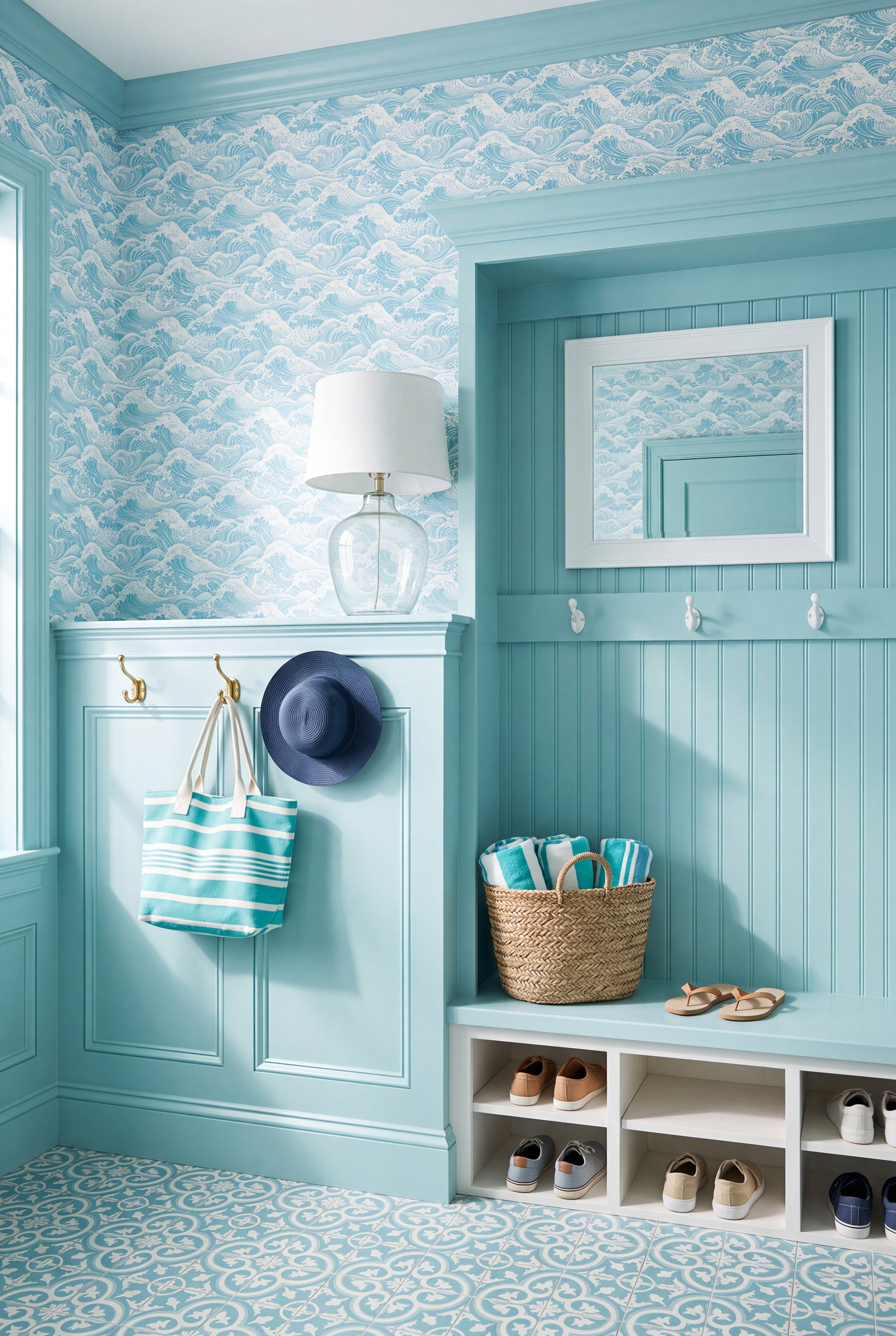 Swell wallpaper shown in a mudroom