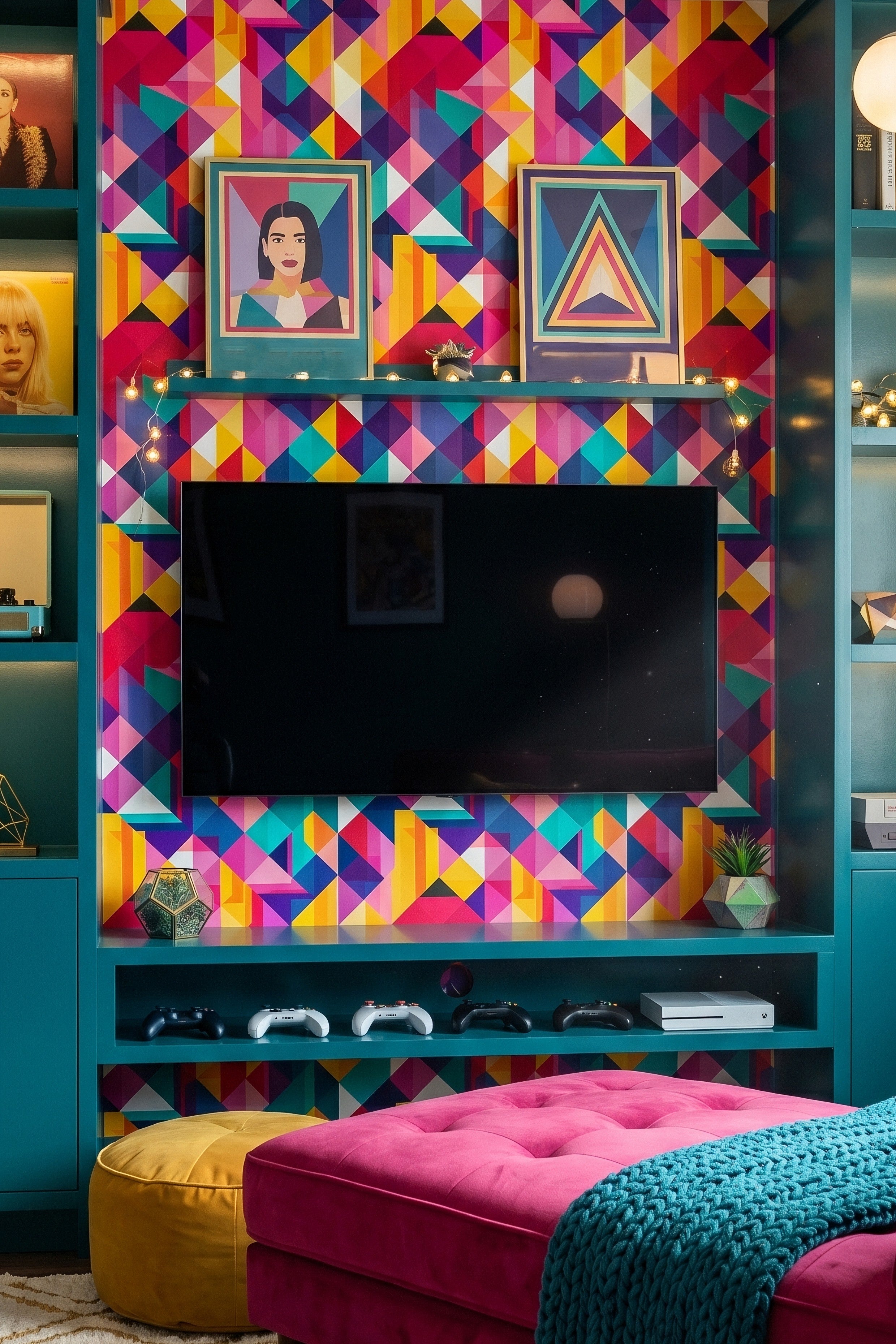 Kaleidoscope wallpaper shown in a media room
