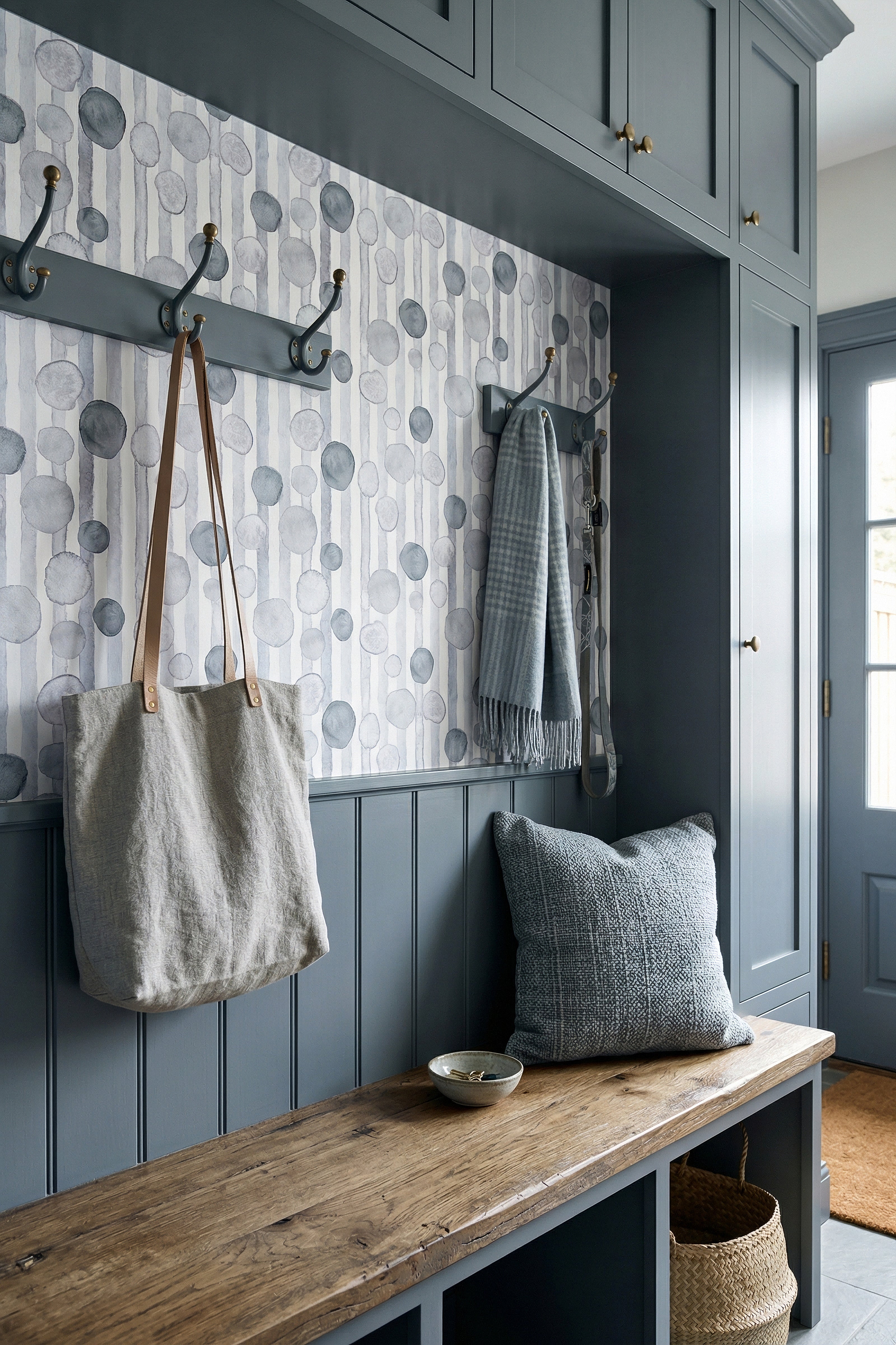 Pebble Dot wallpaper shown in a mudroom