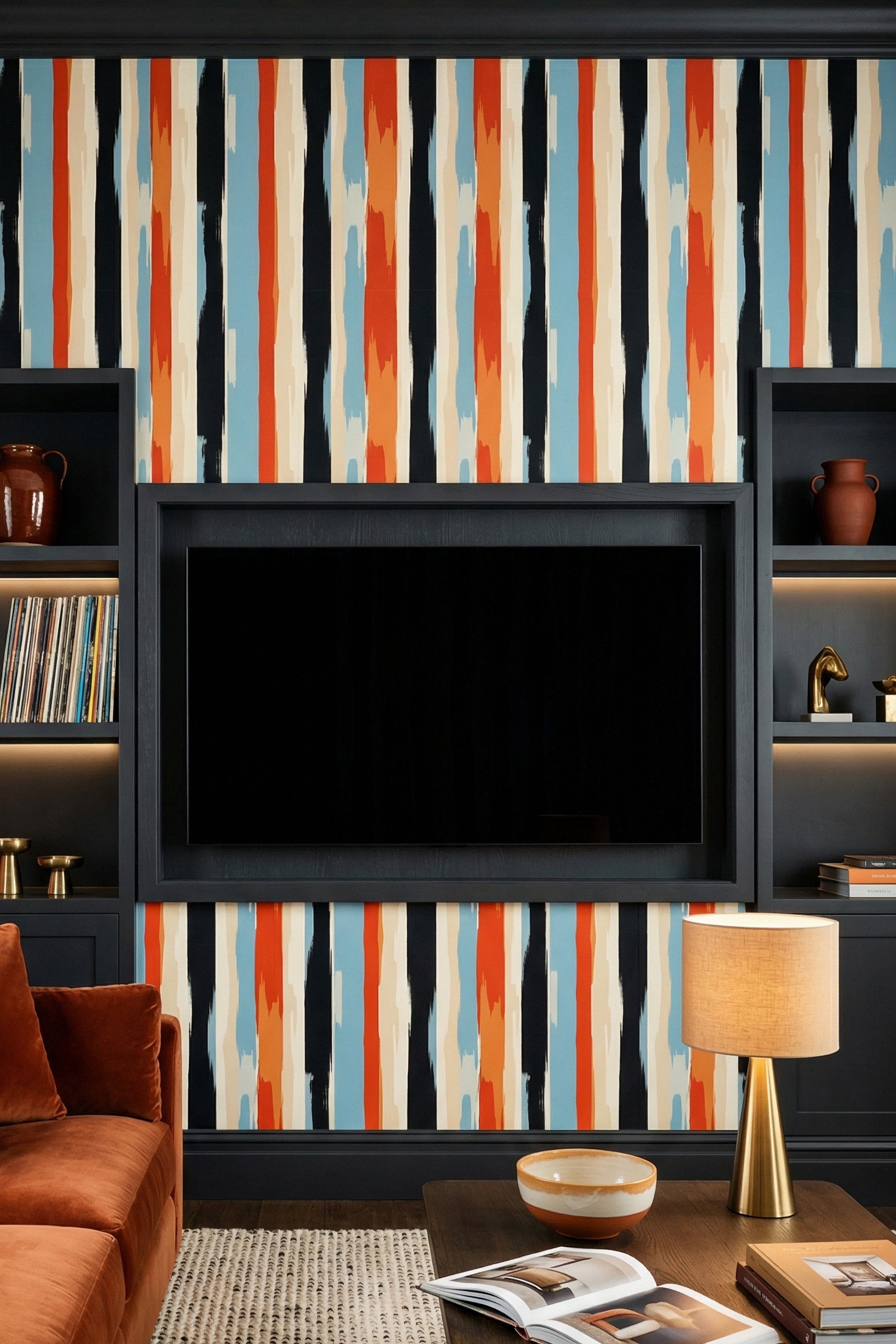 Painter's Stripe wallpaper shown in a media room