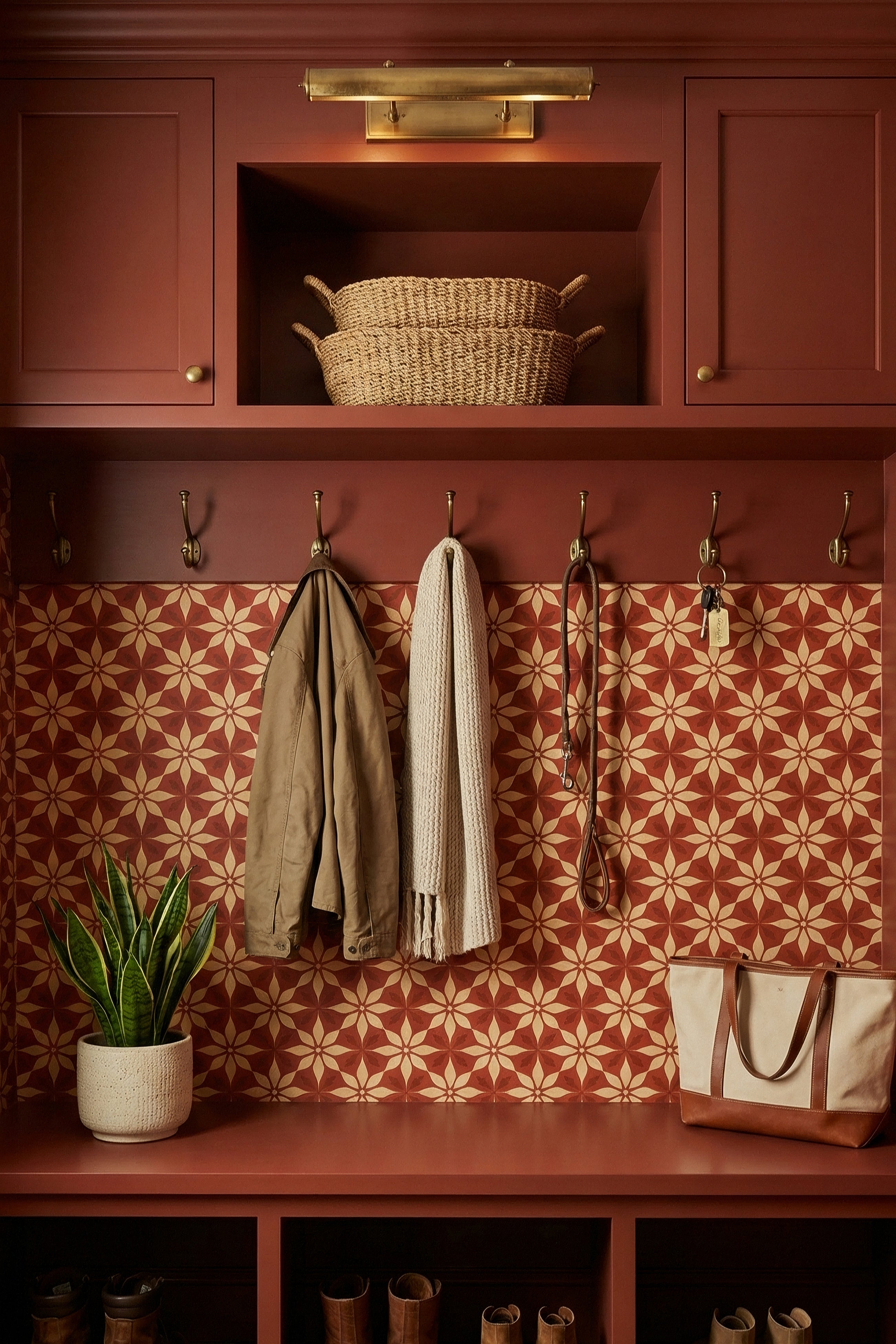 Amalfi Bloom wallpaper shown in a mudroom