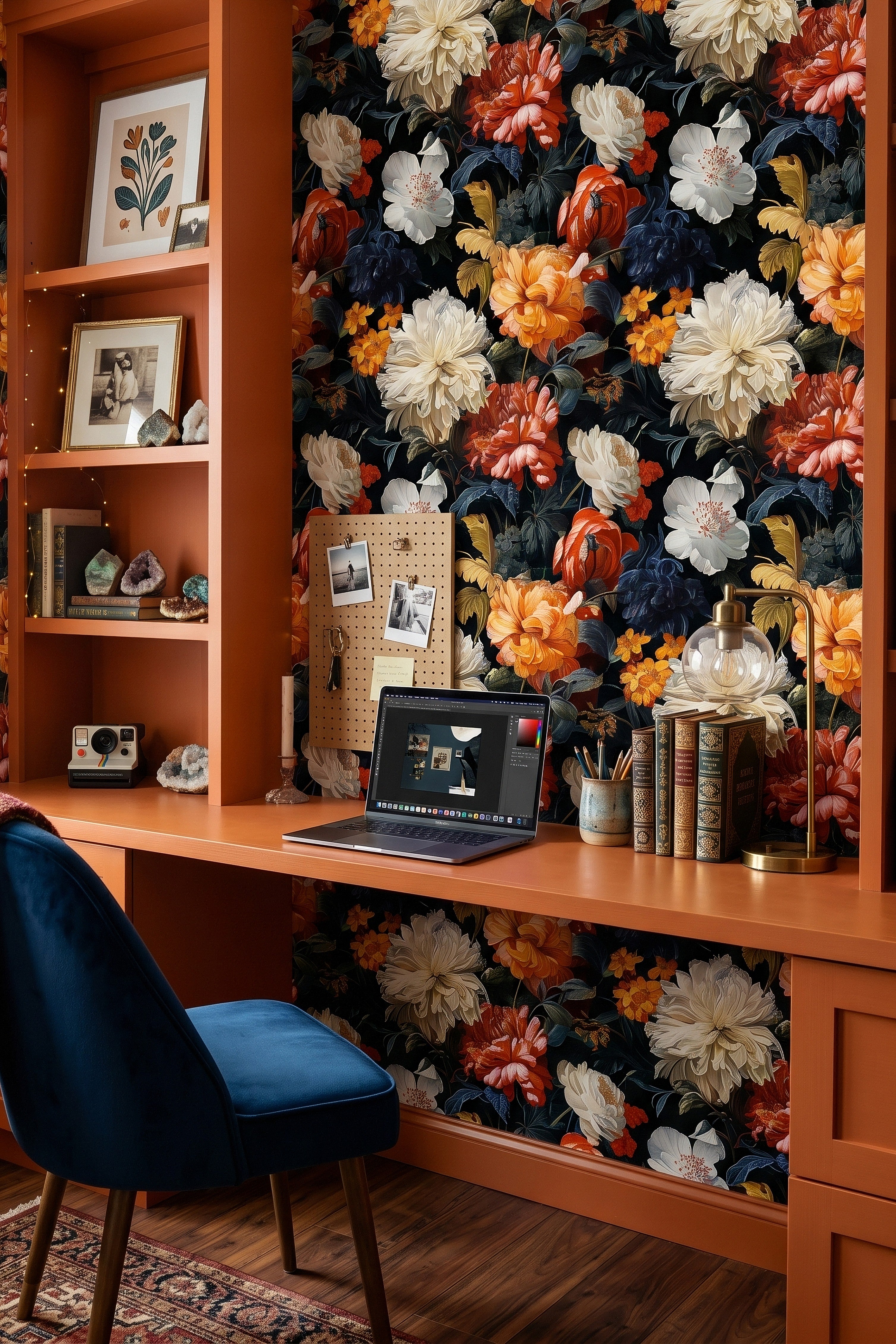 Night Flower wallpaper shown in a home office